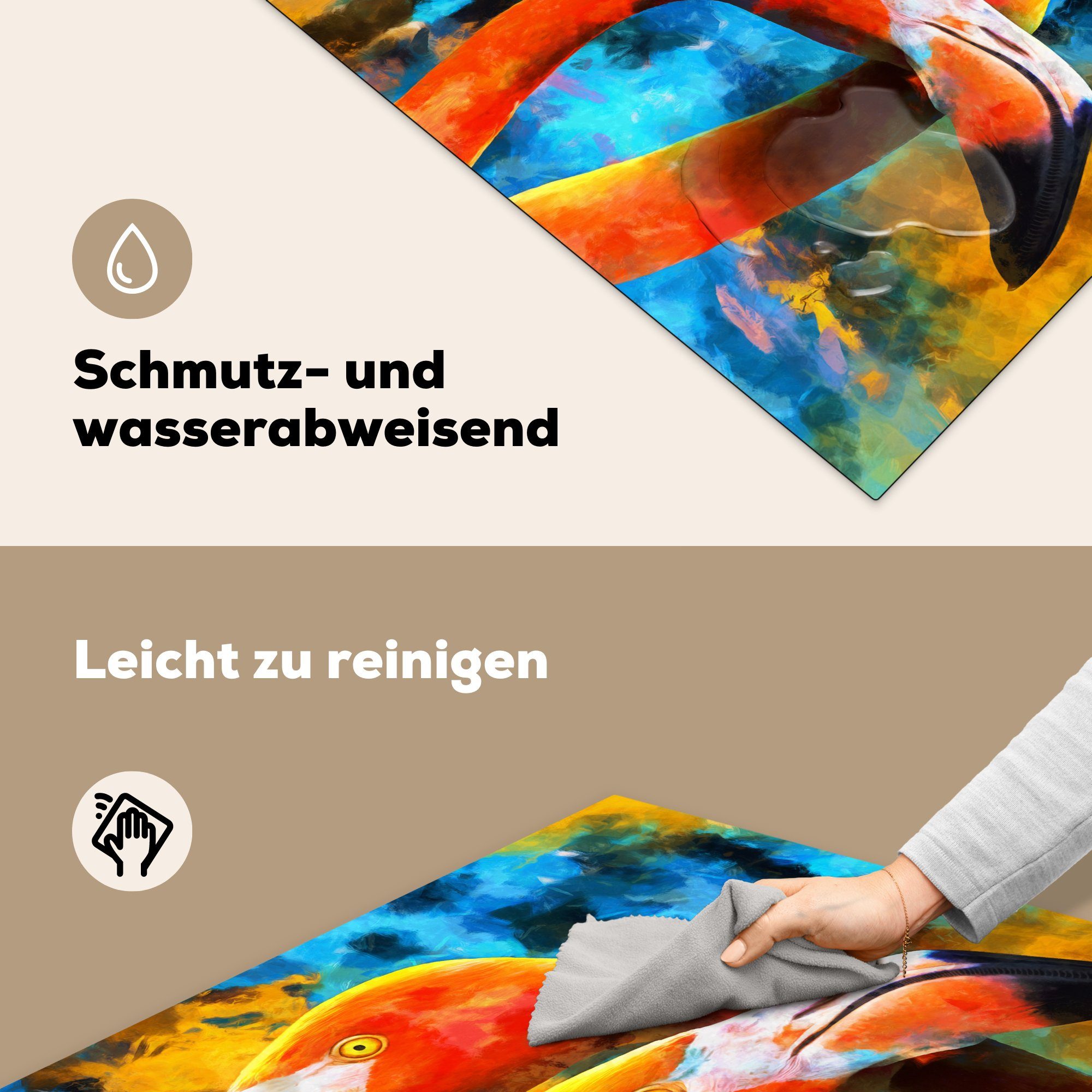 Ceranfeldabdeckung, für küche (1 Vogel Arbeitsplatte 78x78 MuchoWow Herdblende-/Abdeckplatte cm, - Vinyl, Ölgemälde Flamingo, tlg), -