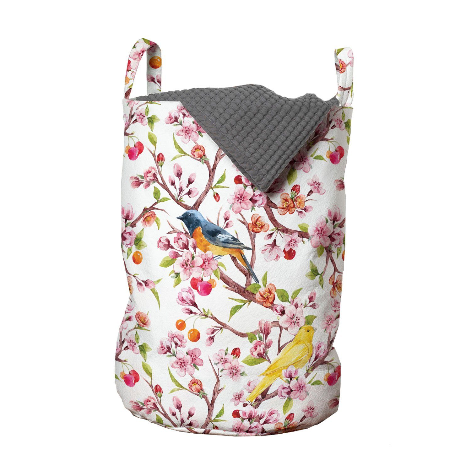 Abakuhaus Wäschesäckchen Wäschekorb mit Griffen Kordelzugverschluss für Waschsalons, Frühling Sakura Zweige und Vögel