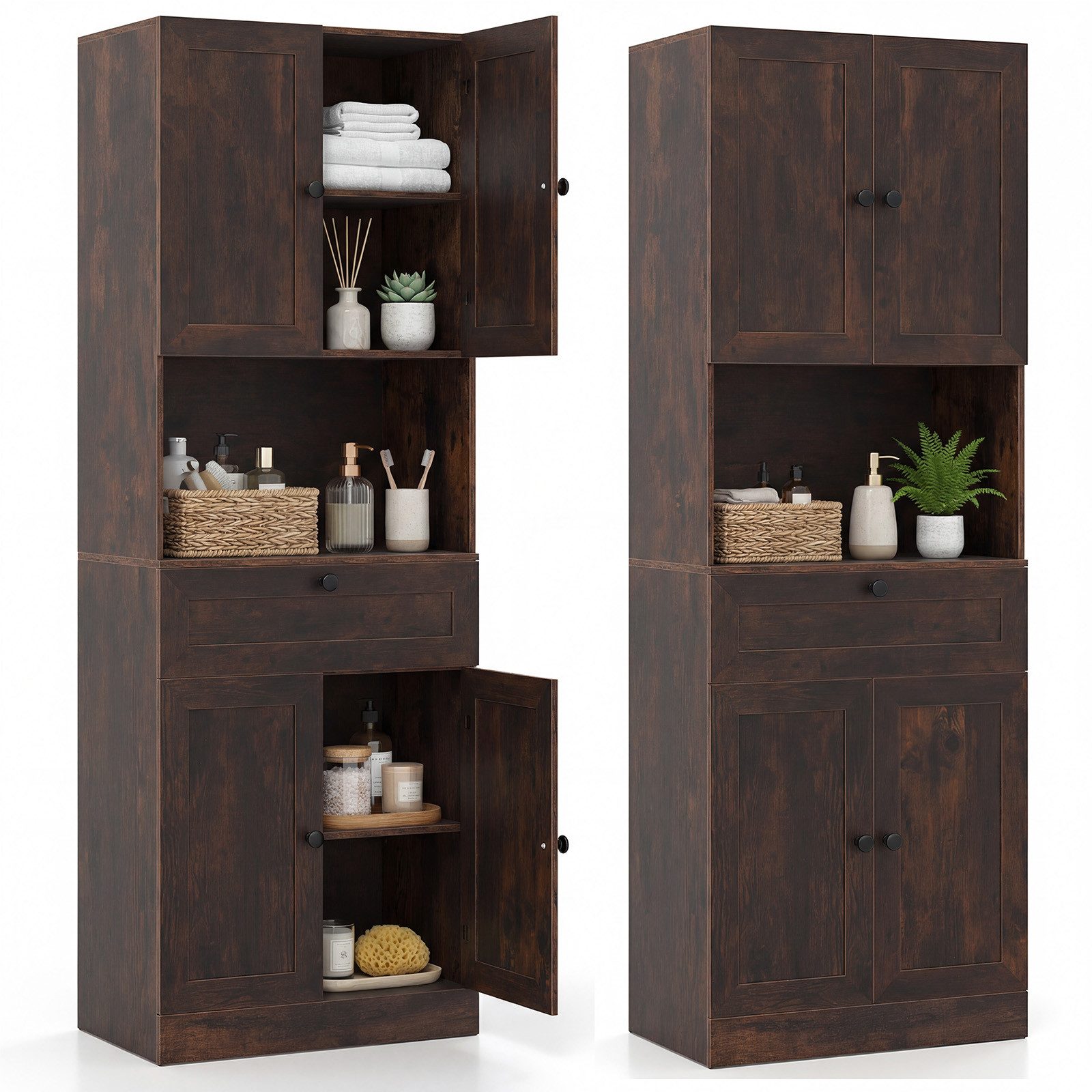 COSTWAY Badkommode, Hochschrank Bad mit 4 Türen Küchenschrank 171,5 cm