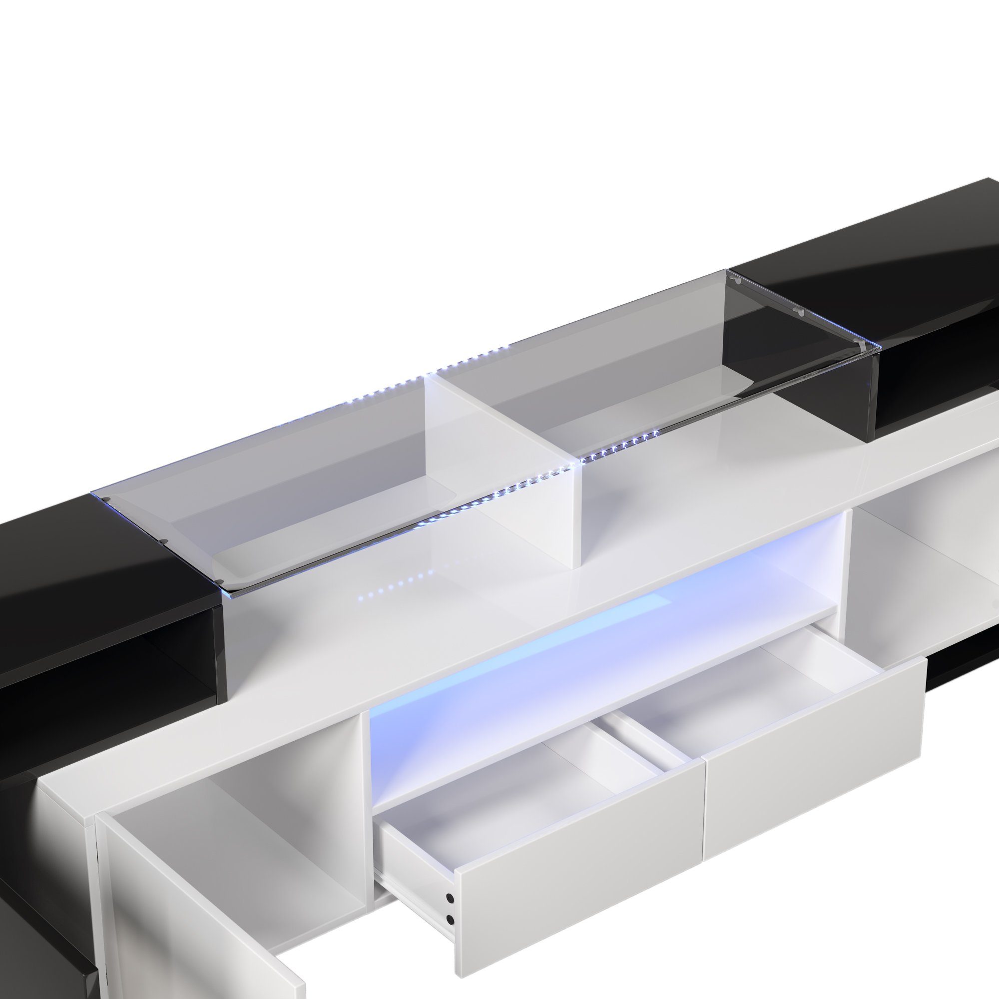 Fangqi TV-Schrank TV-Schrank, Lowboard,LED-Beleuchtung, Glasoberfläche,200cm LED-Farbe Schwarz Tür einstellbar, Schublade x4, x4
