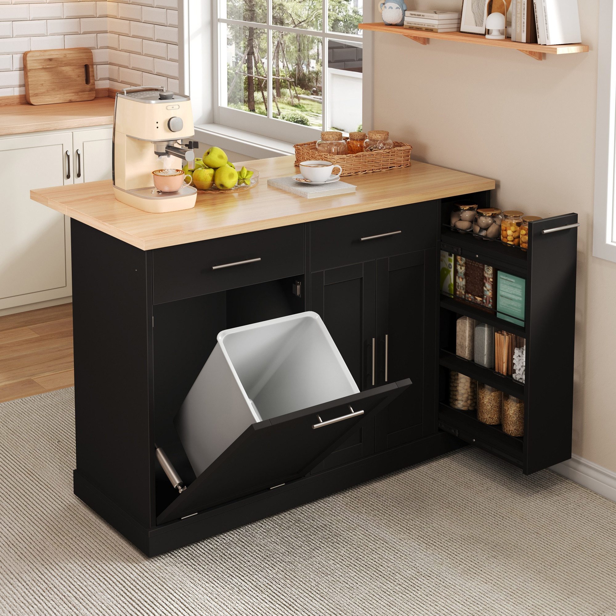 MODFU Kücheninsel mit klappbarer Arbeitsplatte, (mit Müllschrank, 4-stufigem Gewürzregal, 2 Schubladen und feststellbaren Rollen)