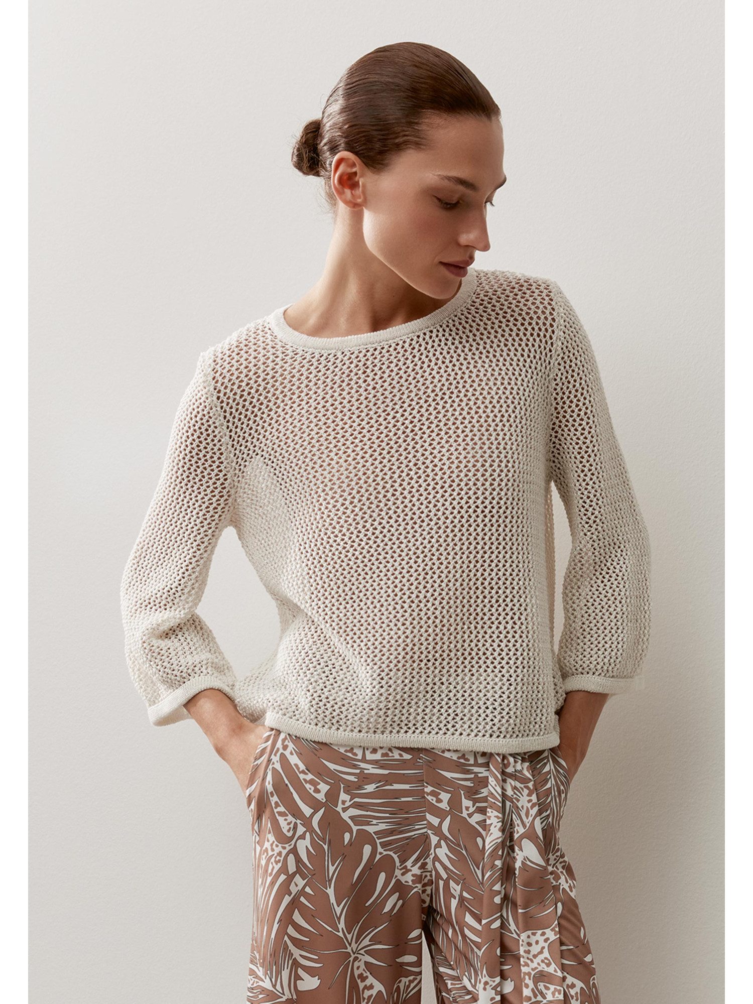 MORE&MORE Rundhalspullover transparenter Glanz-Lochstrick-Pullover