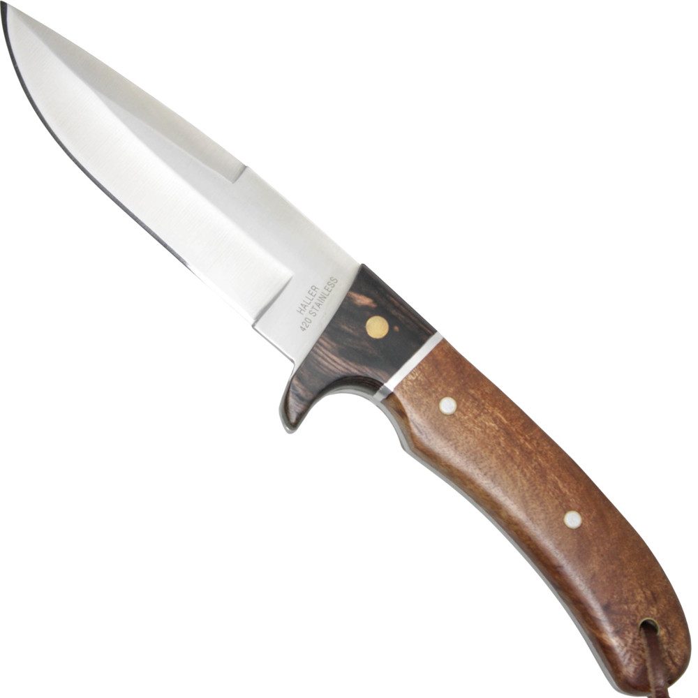 Haller Messer Universalmesser Jagdmesser rostfrei Wurzelholz, Lederscheide