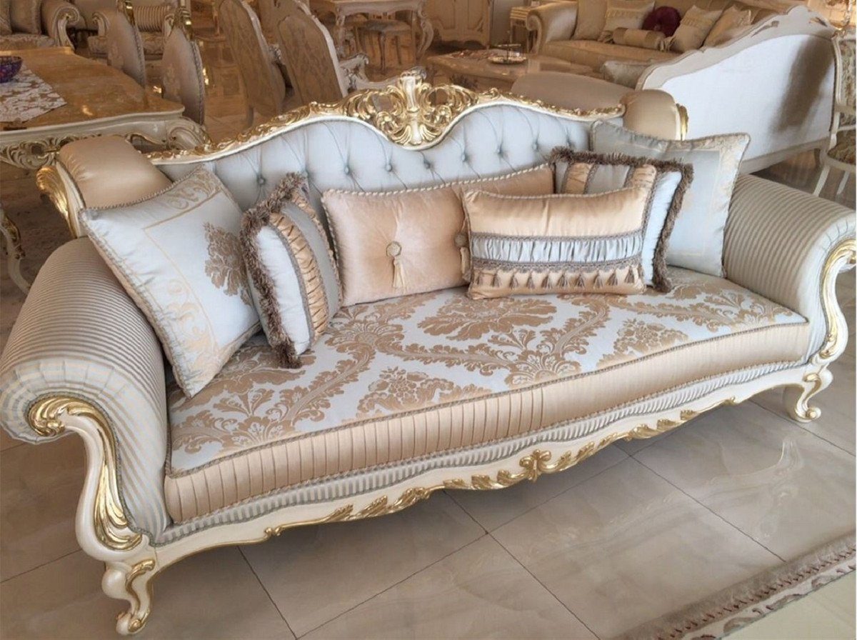 Casa Padrino Sofa Luxus Barock Sofa Hellblau / Weiß / Gold - Prunkvolles Wohnzimmer Sofa mit elegantem Muster - Barock Wohnzimmer Möbel