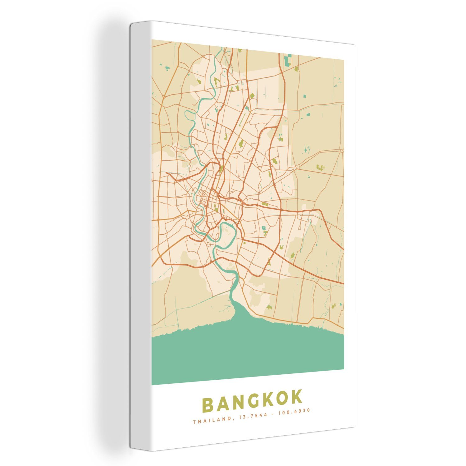 OneMillionCanvasses® Leinwandbild Bangkok - Karte - Vintage - Stadtplan, (1 St), Leinwandbild fertig bespannt inkl. Zackenaufhänger, Gemälde, 20x30 cm