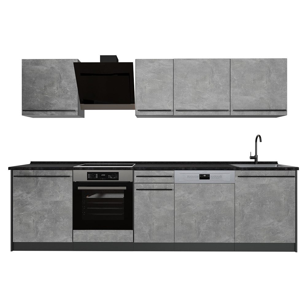 Vicco Küchenzeile R-Line, Beton/Anthrazit, 280 cm Arbeitsplatte Anthrazit