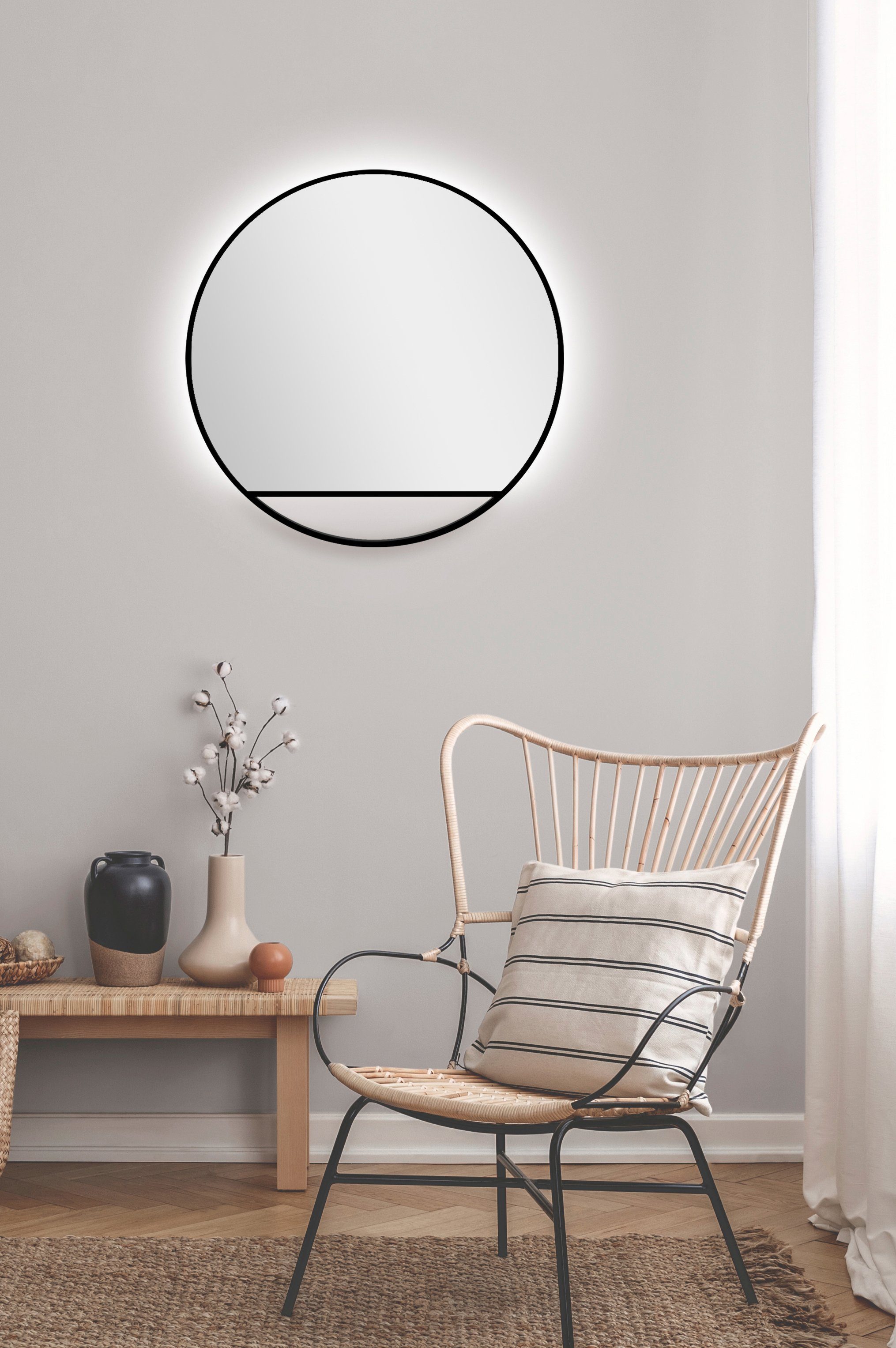 Talos LED-Lichtspiegel, rund, mit indirekter LED Beleuchtung in schwarz matt Ø 80 cm