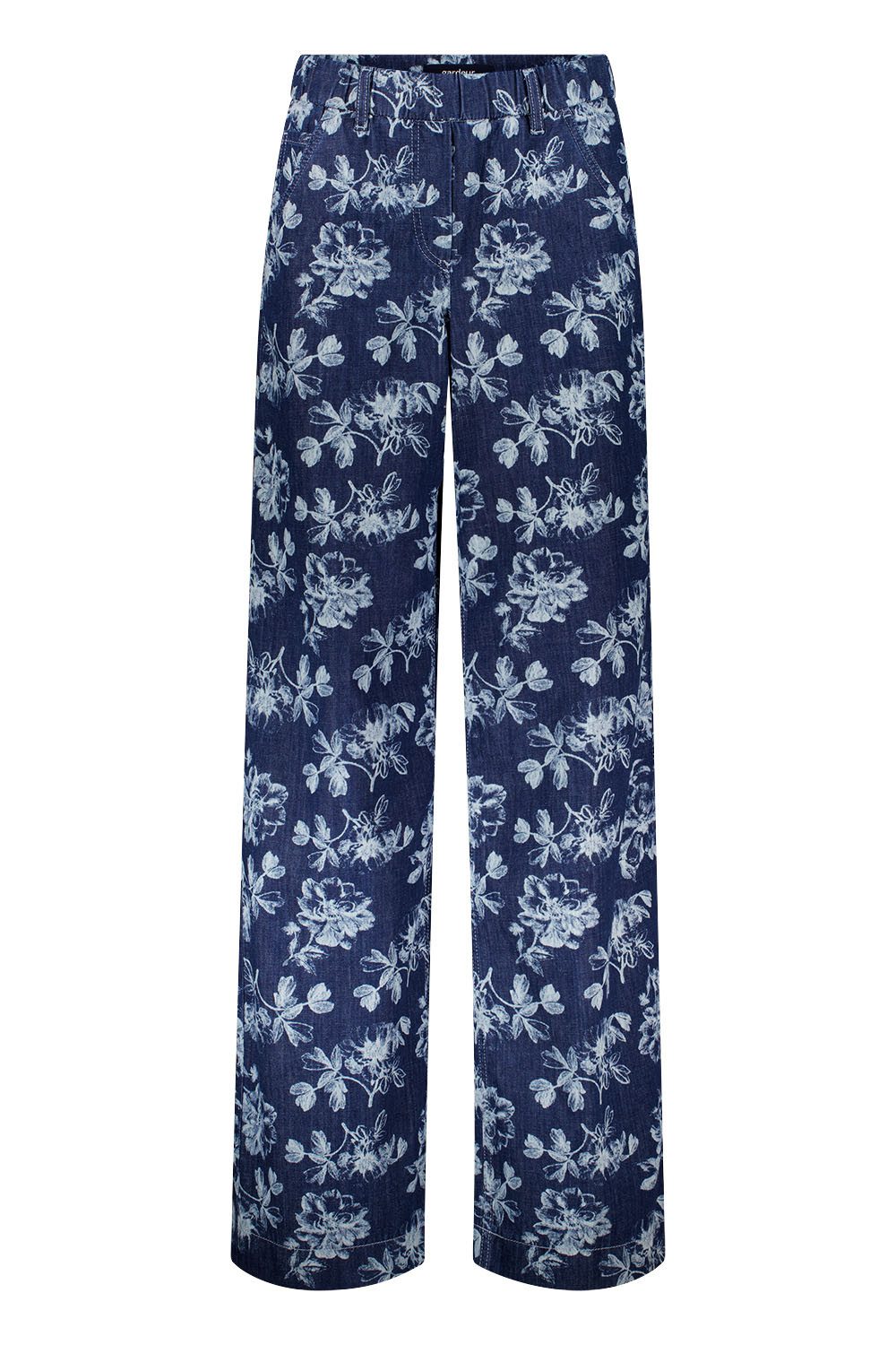 Atelier GARDEUR Loose-fit-Jeans FRIEDA17-641670-7268, blau, dunkelblau mit hellblauem Print Denim-Optik mit floralem Print und elastischem Pull-on-Bund
