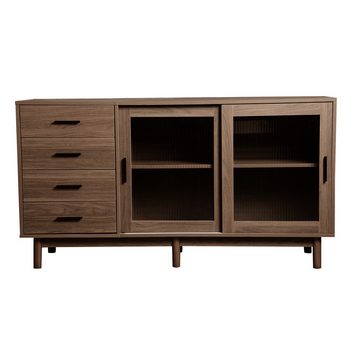 EXTSUD Sideboard Eckschrank mit Glasvitrine - 4 Schubladen,2 Glastüren,nussbaumfarbener