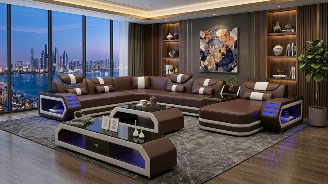 JVmoebel Wohnlandschaft Exklusive Wohnlandschaft U-Form Schwarz Luxus Ecksofa Sofa Top LED, 1 Teile, Made in Europa, Sofa U-form