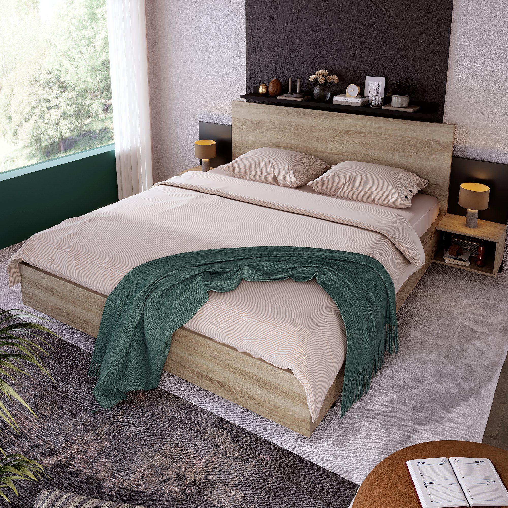 Holzbett Nachttischen, Schlafzimmer Doppelbett Holzbett +2 Komplet Gotagee Nachttisch Integrierter Modernesbett