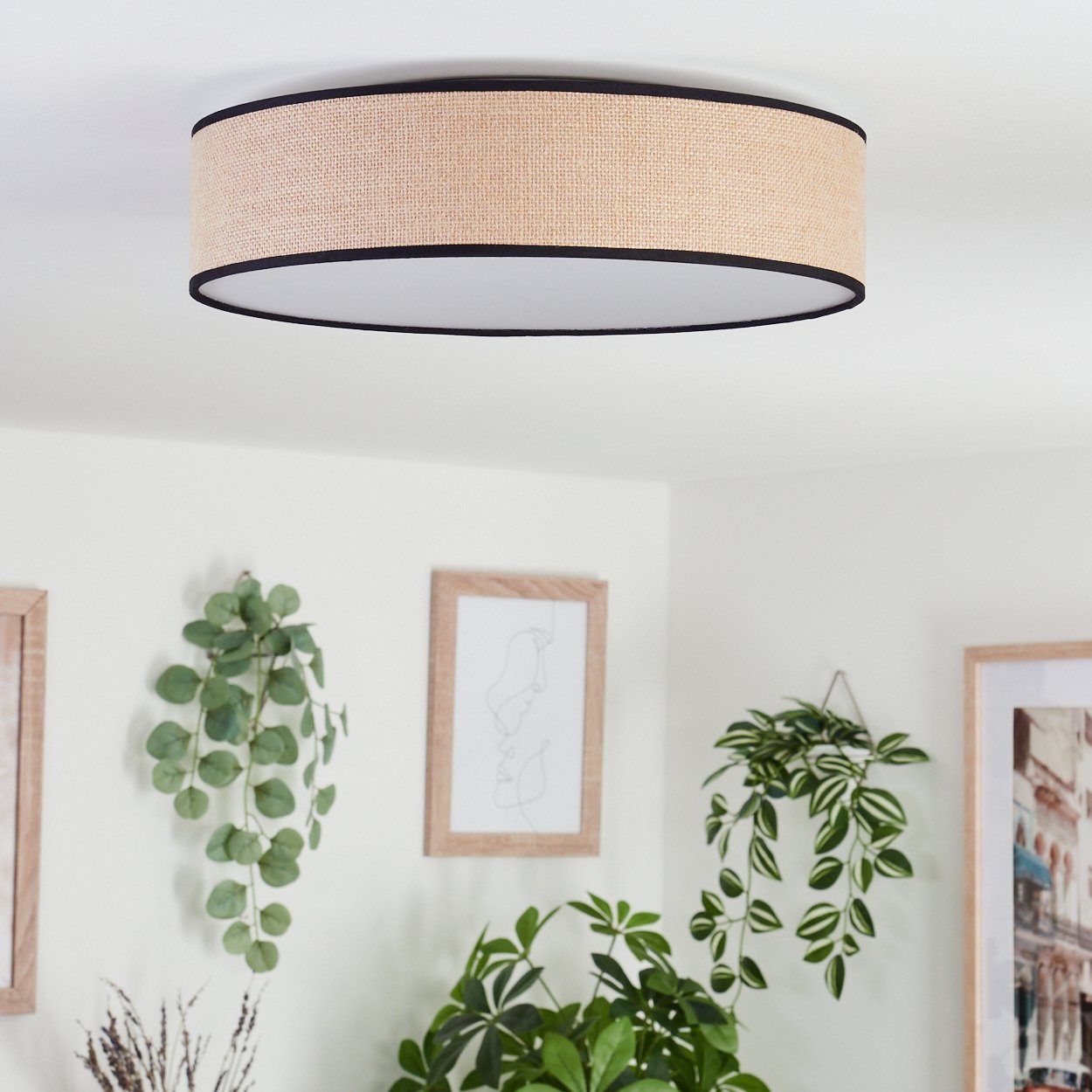 hofstein Deckenleuchte moderne Deckenlampe aus Metall/Stoff/Kunststoff in Weiß/Natur/Schwarz, LED fest integriert, 3000 Kelvin, Leuchte im angesagten Boho-Desig – Bild 2 von 5