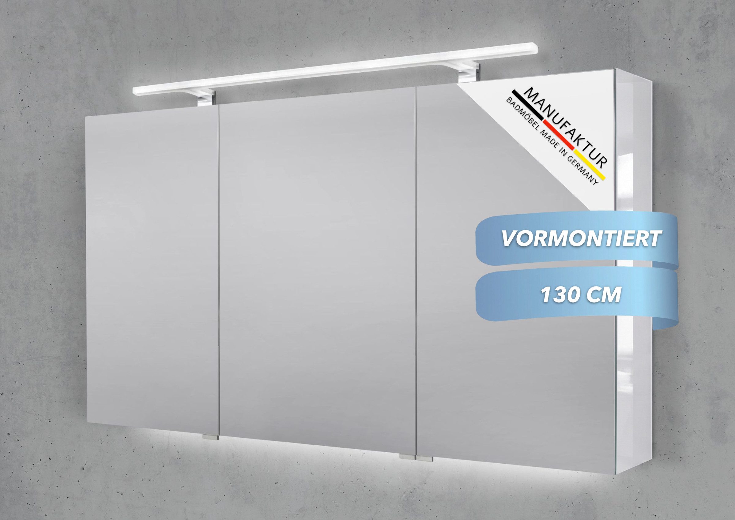 Intarbad Badezimmerspiegelschrank 3-türiger Spiegelschrank mit MULTI LED Acryl Aufsatzleuchte, dimmbar (Doppelspiegeltüren, Holz-/ Lackdekore, Maße von 120 bis 140 cm wählbar, Höhe 70 cm, Glasfachböden, Magnetleiste & Kosmetikspiegel Ø 12 cm) Vormontierte Lieferung, Floatglas, 160 kg Traglast, Made in Germany
