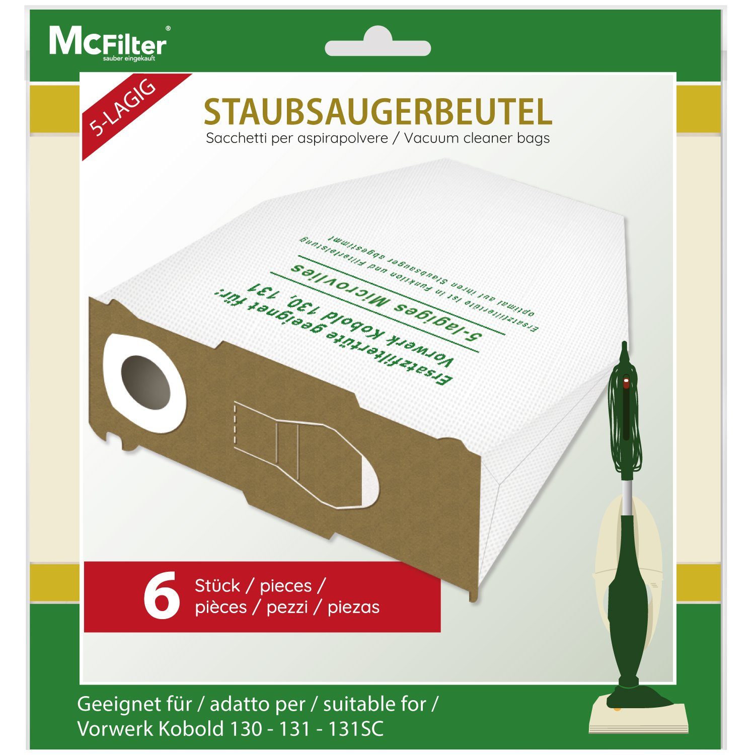 McFilter Staubsaugerbeutel Alternative zu Swirl V64 V 64, passend für Vorwerk Kobold VK 130, VK 131 SC, 6 St., mehrlagig, Pappdeckscheibe, inkl. Staubverschluss