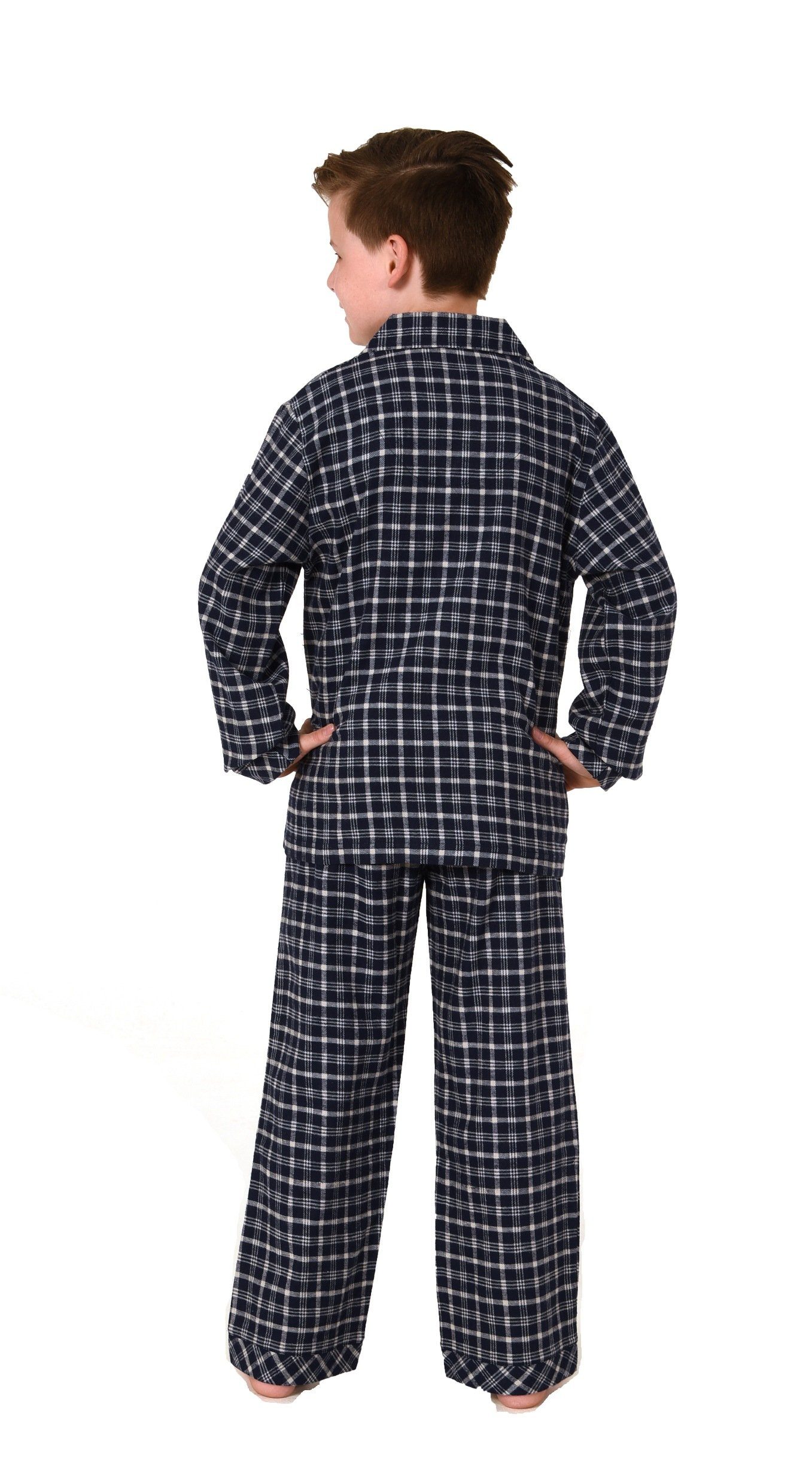 in Schlafanzug knöpfen Flanell Normann grau Pyjama Optik Jungen zum Pyjama langarm Karo
