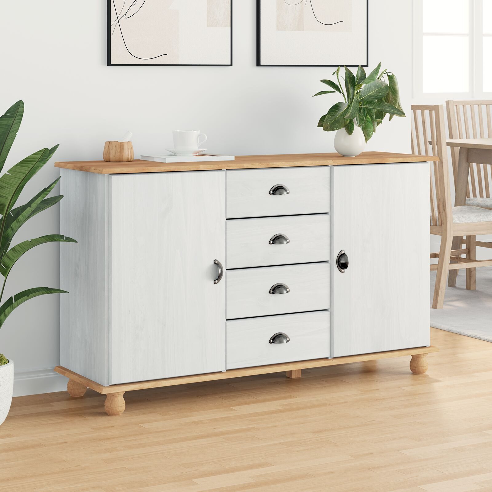 Nettlife Sideboard Weiß/Braun 133,5x40x79 cm Massivholz Kiefer, Geeignet für Esszimmer, Wohnzimmer, Schlafzimmer, Küche