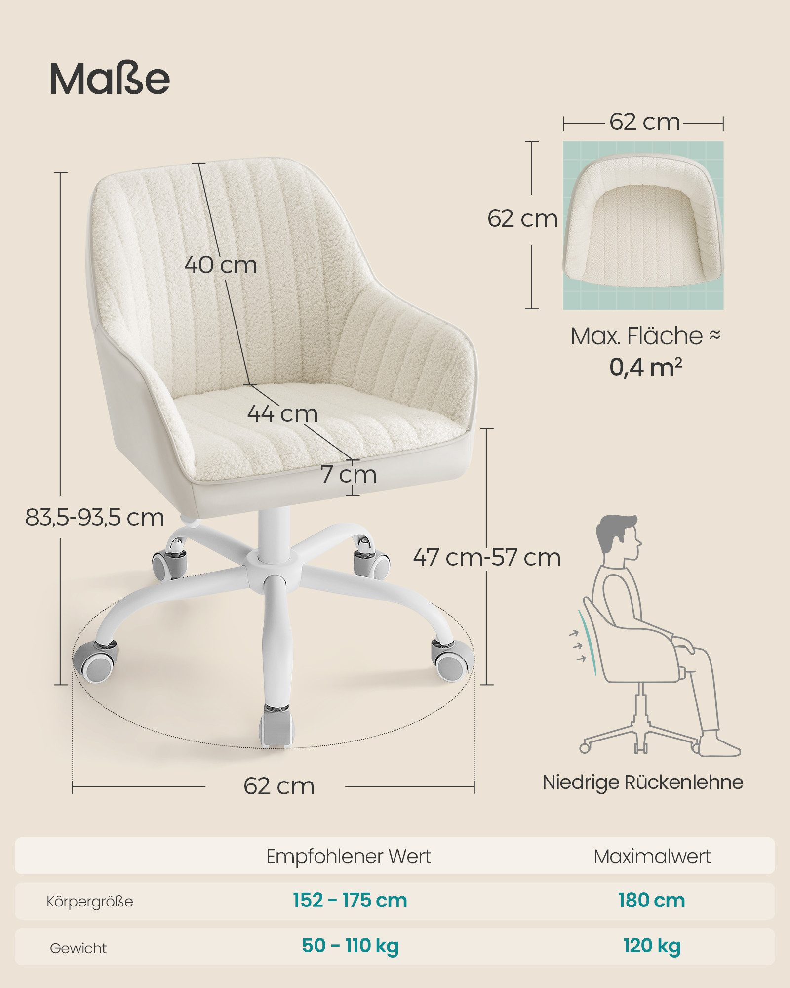 SONGMICS Bürostuhl Schminkstuhl, Homeoffice Stuhl, höhenverstellbar, Breite 62 cm, Schreibtischstuhl