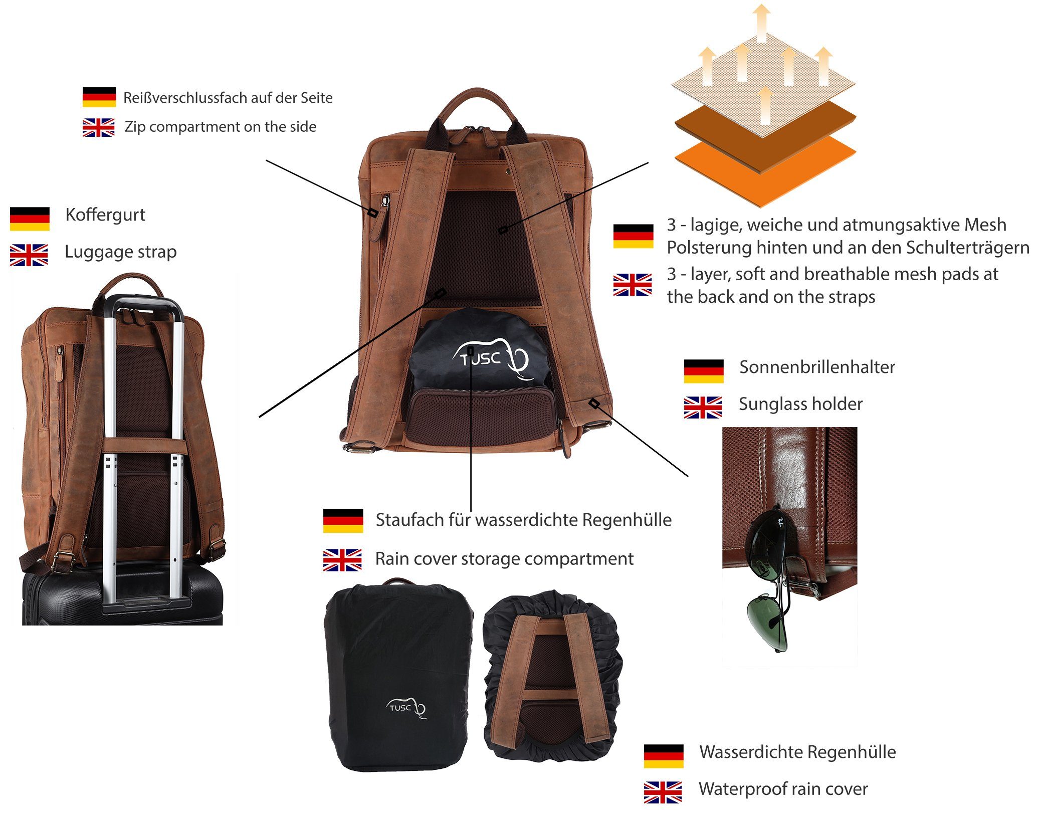 für 15,6 Leder Walnut aus Zoll. Tagesrucksack Laptop Rucksack Premium TUSC Corvus bis 15L,