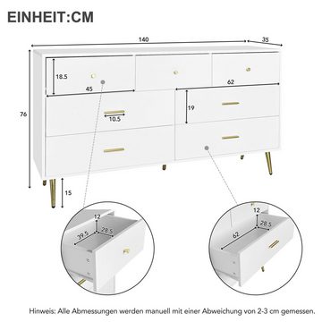 Merax Kommode mit sieben Schubladen und Metallfüße, Sideboard Scandi, Schubkastenkommode, Buffet, Anrichte