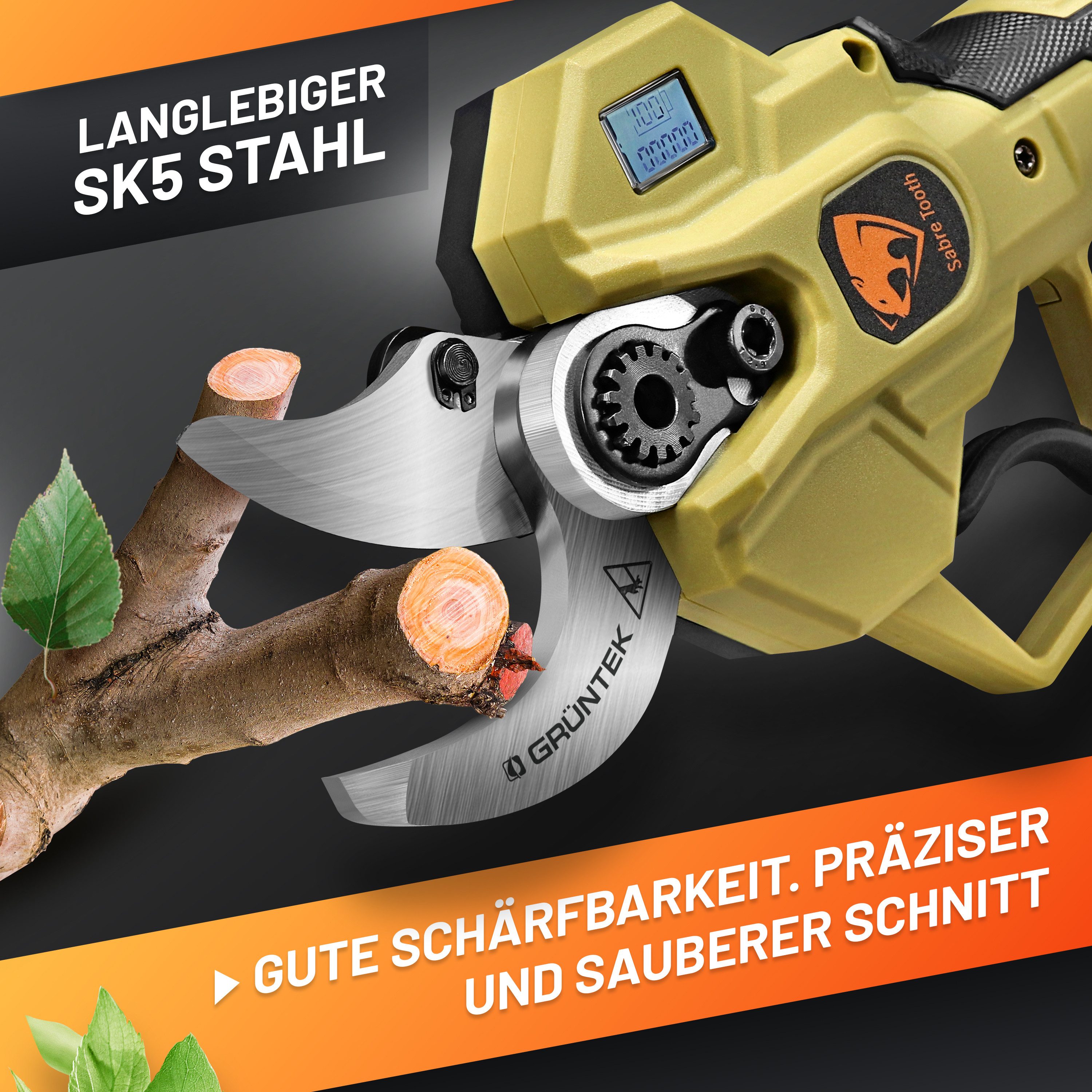 GRÜNTEK Astschere Premium Akku Astschere 21V 2Ah Brushless, Makita-Kompatibel, Ladezeit 60 Min, Gewicht 950g, Schnittgeschwindigkeit 0.8 Sek.