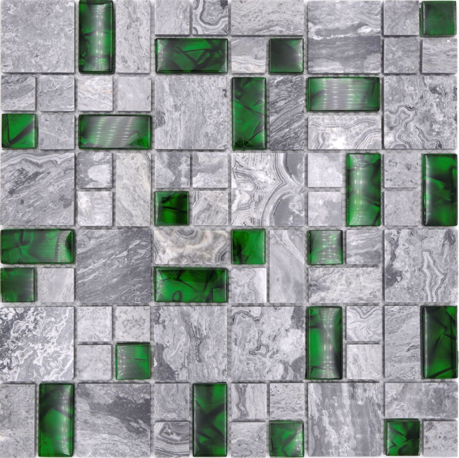 Mosani Mosaikfliesen 0,9m² Glasmosaik Naturstein Mosaikfliesen grau mit grün glänzend, Set, 10-teilig, Dekorative Wandverkleidung | Fliesen