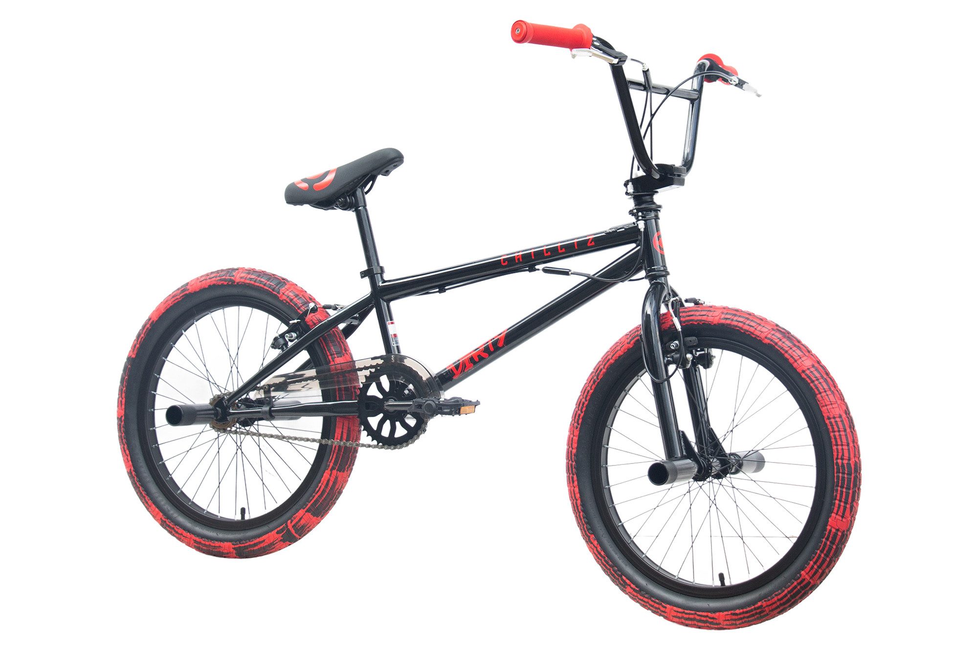 CHILLIZ Kids Bike CHILLIZ BMX Freestyle 20 inch XB.02 black-red V-Brake 360° Rotor, Hand-painted tires, TIG frame, 51 cm top tube, 360° rotor, 4 pegs