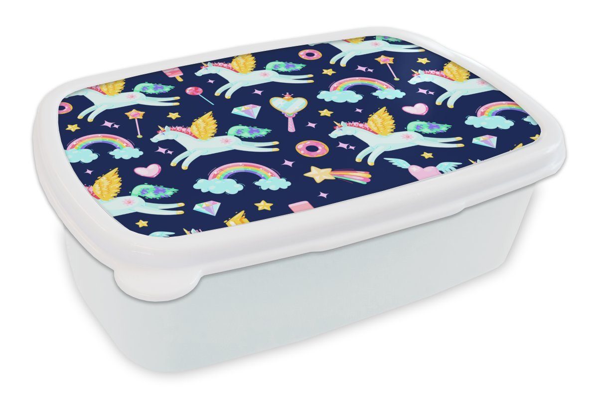 MuchoWow Lunchbox Einhorn - Regenbogen - Diamant - Muster, Kunststoff, (2-tlg), Brotbox für Kinder und Erwachsene, Brotdose, für Jungs und Mädchen weiß