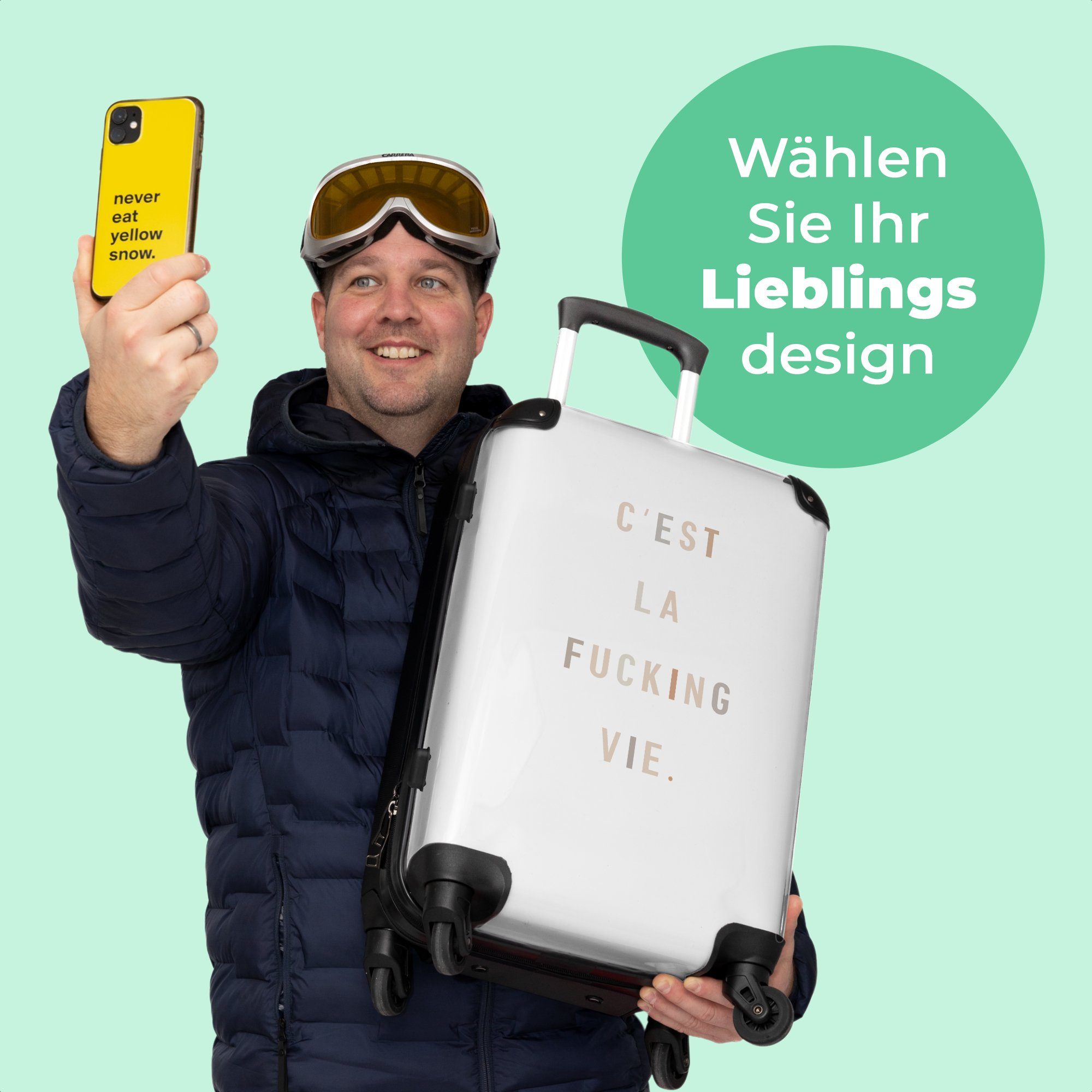 NoBoringSuitcases.com© Koffer mit Abstrakt Rollkoffer Rollen, - Rollen - Text 4 Humor, Weiß - - Leben Aufgabegepäck 67x43x25cm - Trolley 4 Reisekoffer Große