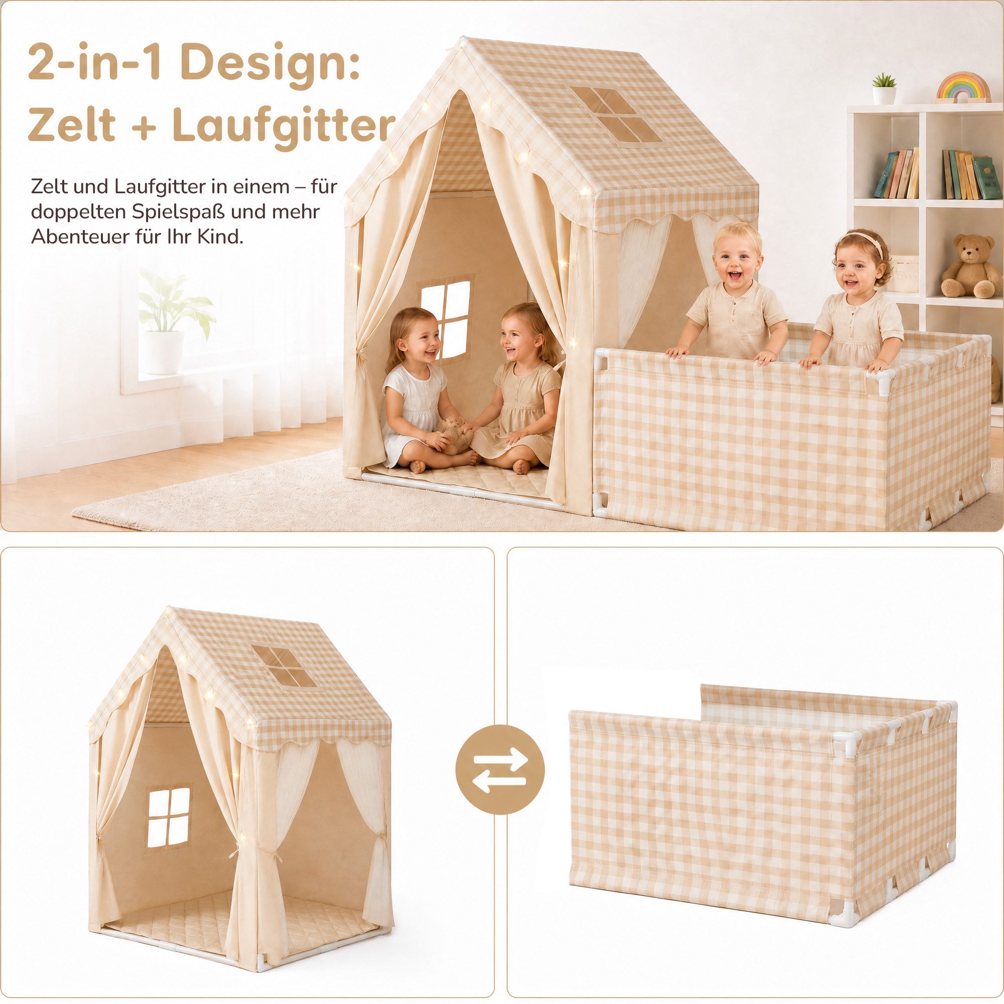 SEHAUSEU Spielzelt Kinderzelt Spielhaus mit Bodenmatte, Laufgitter und Lichterkette