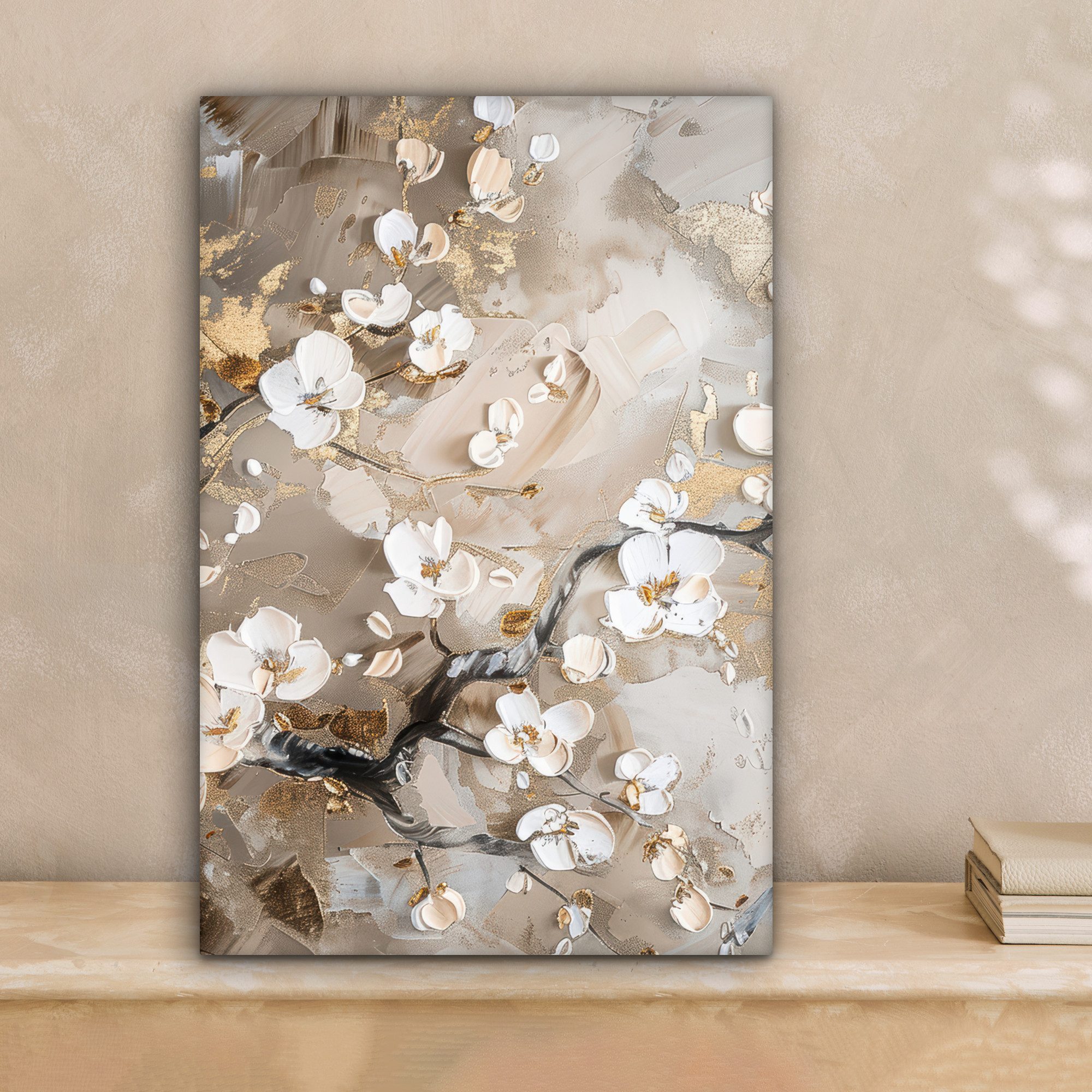 OneMillionCanvasses® Leinwandbild Blumen - Weiß - Gold - Beige - Luxus, Fotodruck (1 St), Leinwand Canvas Wandbild, Wanddekoration 20x30 cm