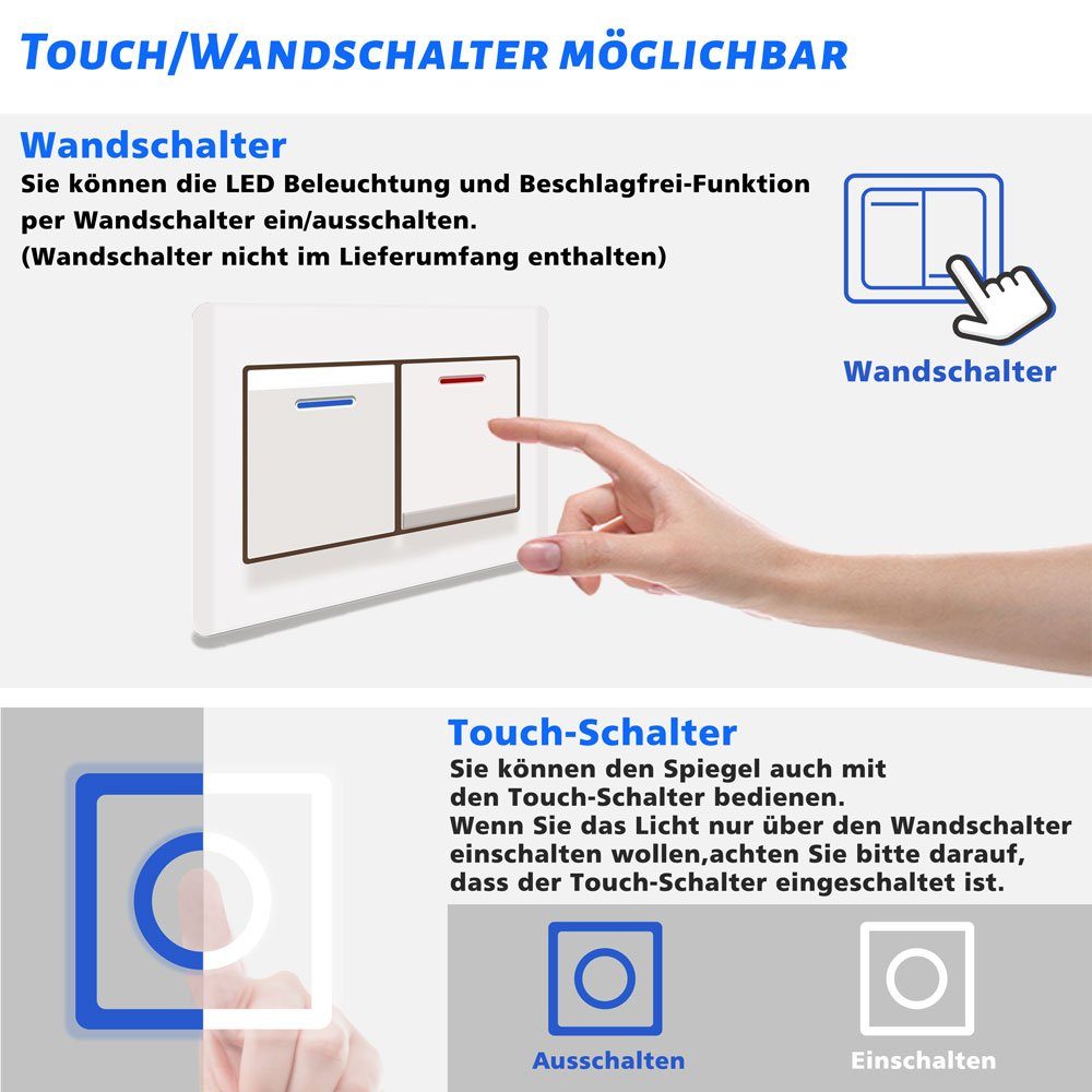 duschspa Badspiegel Rund Spiegel mit LED Beleuchtung Wandspiegel ohne Rahmen, Φ50-100 cm, Touch/Wandschalter, Beschlagfrei, dimmbar, Memory-Funktion – Bild 4 von 5