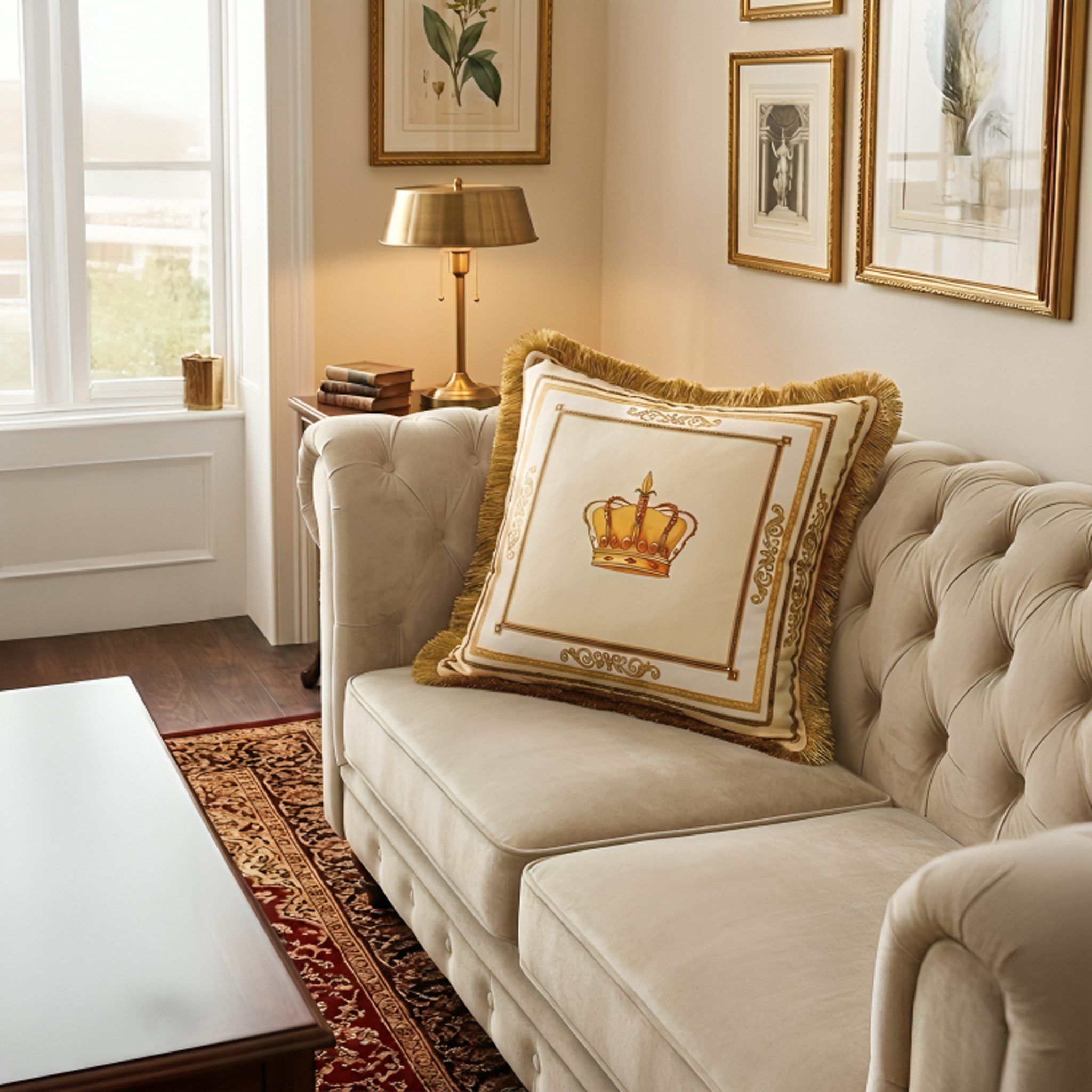 Belle Arti Dekokissen Samt/Dekokissen mit Löwen- oder Kronenmotiv, Beige/Weiß 45x45, 60x60