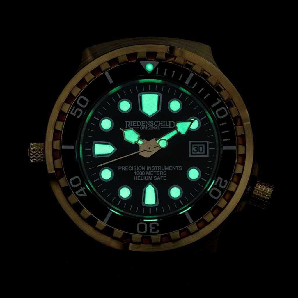 Riedenschild Taucheruhr RS9000-11, IP-Vergoldet, 100 ATM Wasserdicht, 46 mm Gehäuse, Schwarzes Silikonband, Heliumventil, Profi-Taucheruhr für Herren
