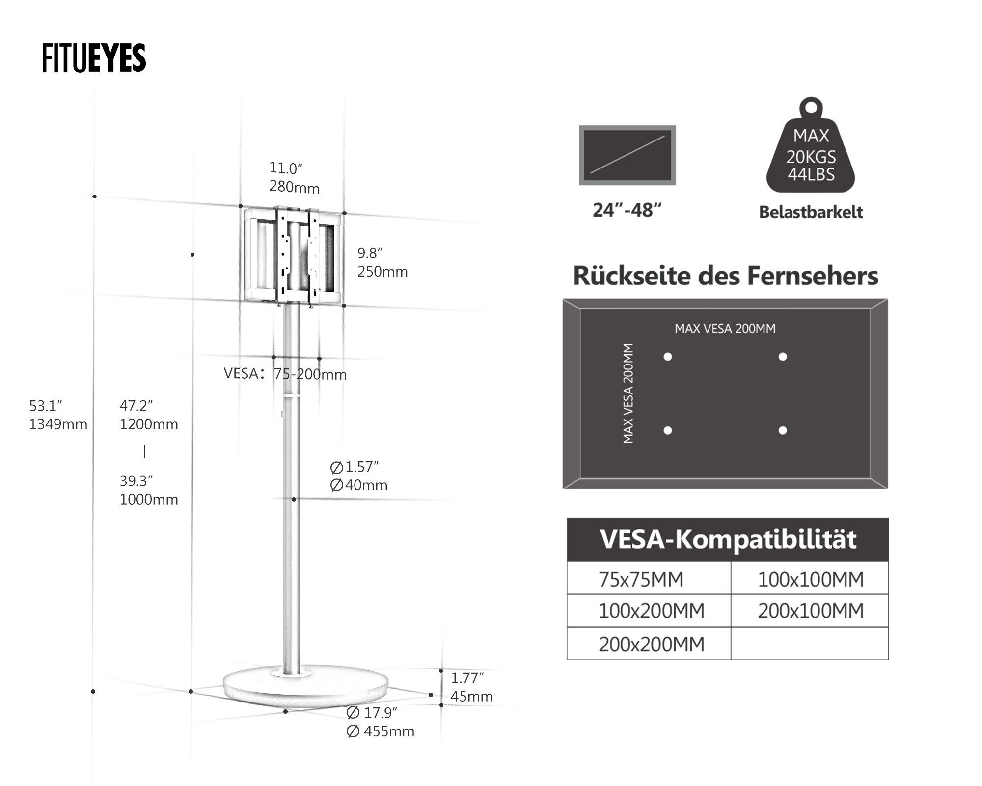 FITUEYES TV-Ständer mit Lenkrollen, 24-48 Zoll, höhenverstellbar, (bis 48,00 Zoll, Metallkonstruktion, mit Kabelmanagement) – Bild 5 von 5