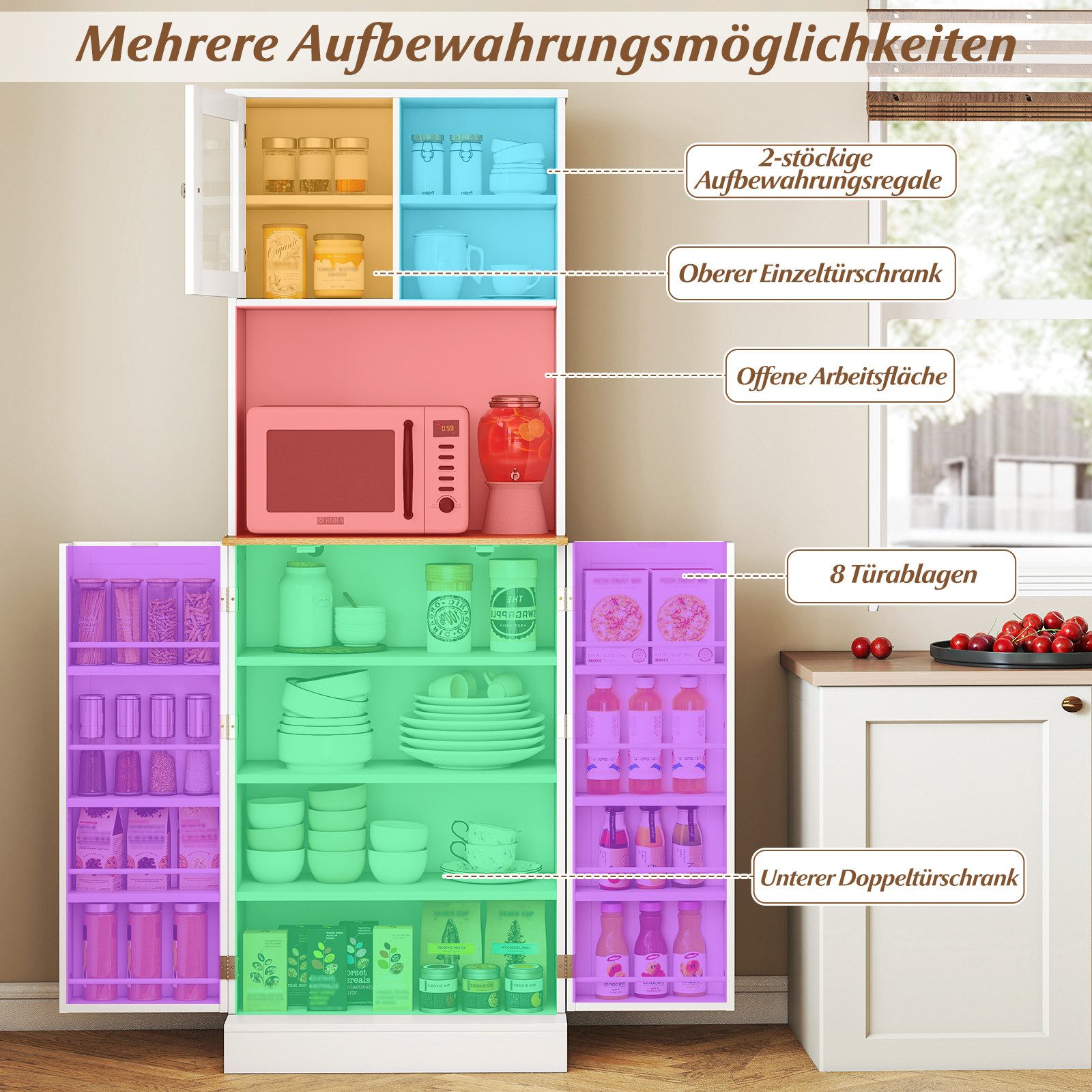 COSTWAY Küchenbuffet Küchenschrank mit Arbeitsplatte & Glastür, Holz, weiß