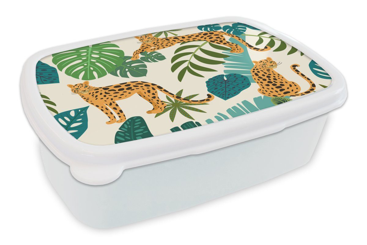 MuchoWow Lunchbox Dschungel - Leopard - Pflanzen - Muster - Mädchen - Jungen, Kunststoff, (2-tlg), Brotbox für Kinder und Erwachsene, Brotdose, für Jungs und Mädchen weiß