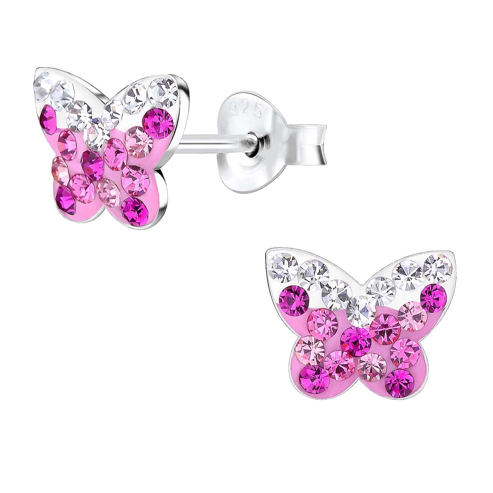 schmuck23 Paar Ohrstecker Ohrringe Schmetterling 925 Silber, Kinderohrringe, Mädchen, Kristalle, Kinderschmuck Pink-Klar