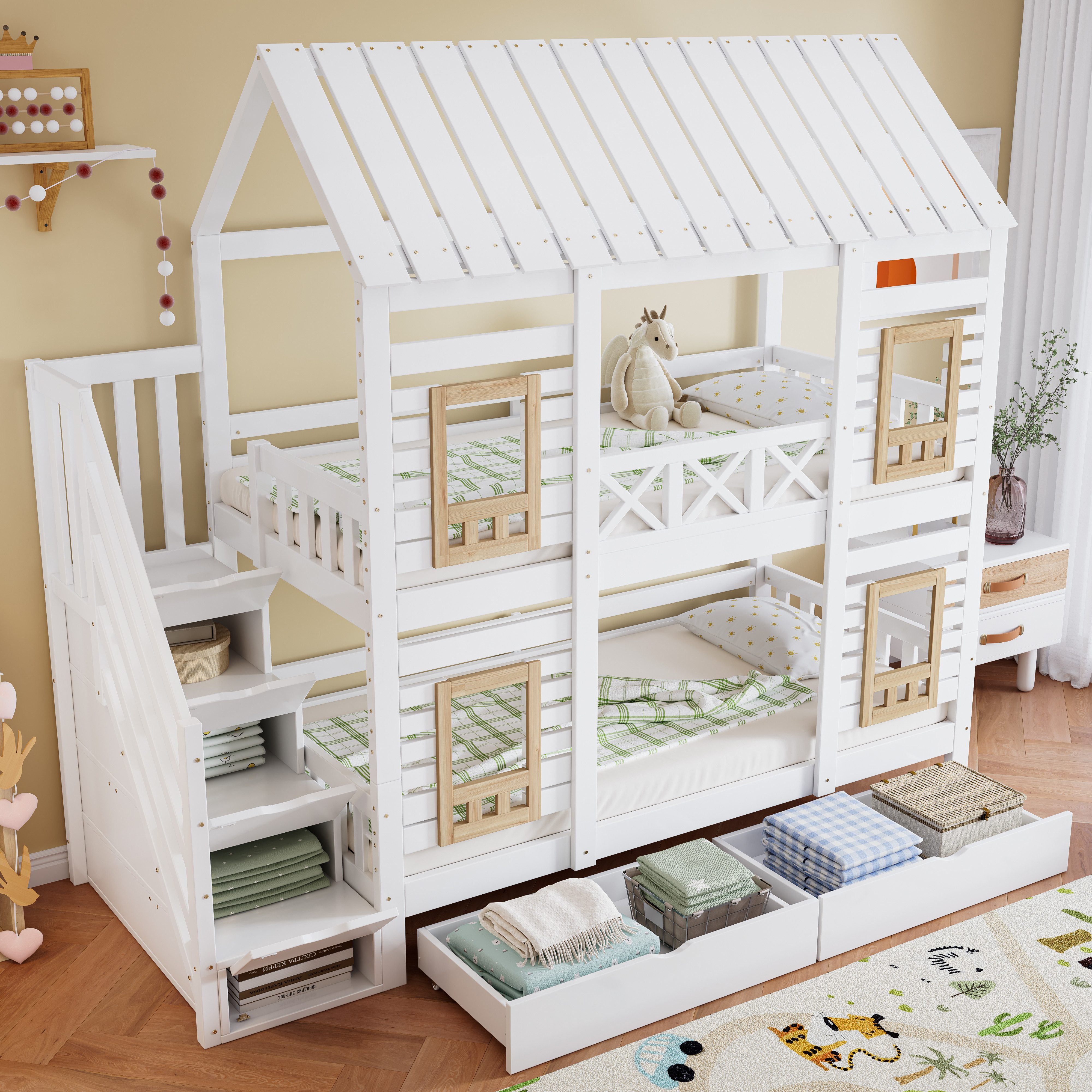 Merax Etagenbett mit Haus-Design und Fallschutz (Stockbett Jugendbett Hausbett, 1-St), Kiefer Kinderbett 90x200cm mit Stauraumtreppe, 2 Schubladen & Fenster