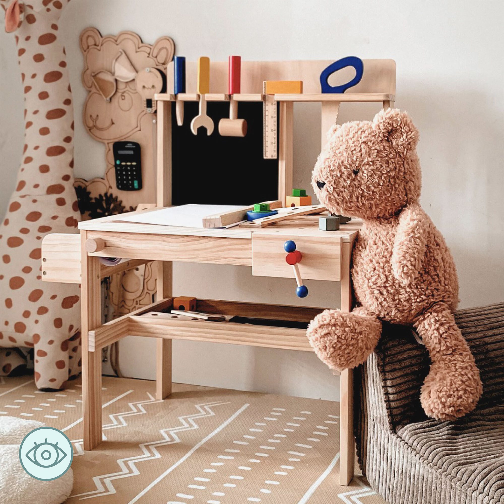 Mamabrum Spielwerkbank Holz-Werkbank für Kinder – Handwerks-Set + Werkzeuggürtel
