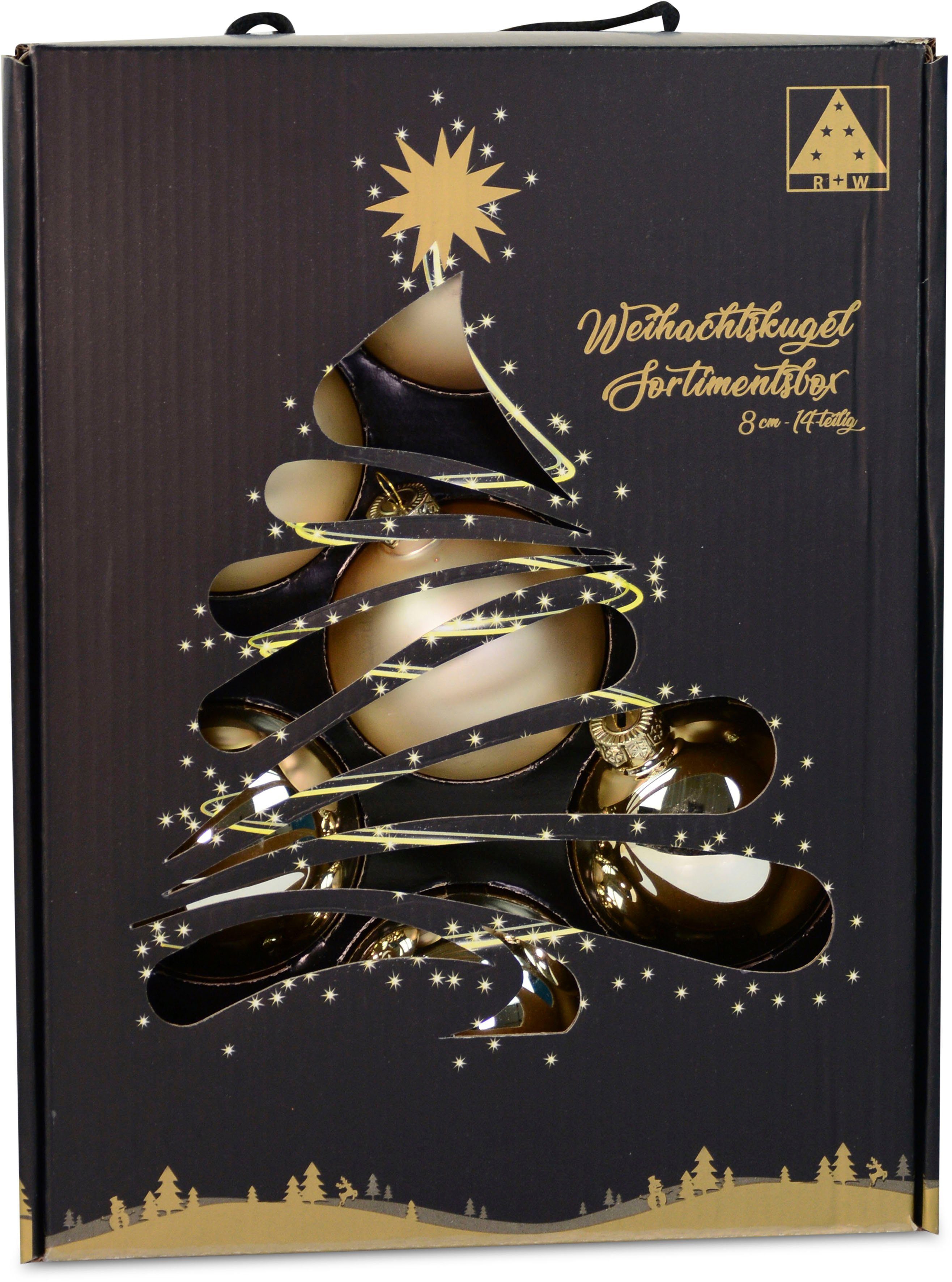 Verkaufen Sie zum niedrigsten Preis! RIFFELMACHER & WEINBERGER Christbaumkugeln, mit Weihnachtsdeko, aus praktischer 8 Christbaumschmuck, St), Aufbewahrungsbox Weihnachtsbaumkugel (14 Glas, Ø cm, ca. champagnerfarben