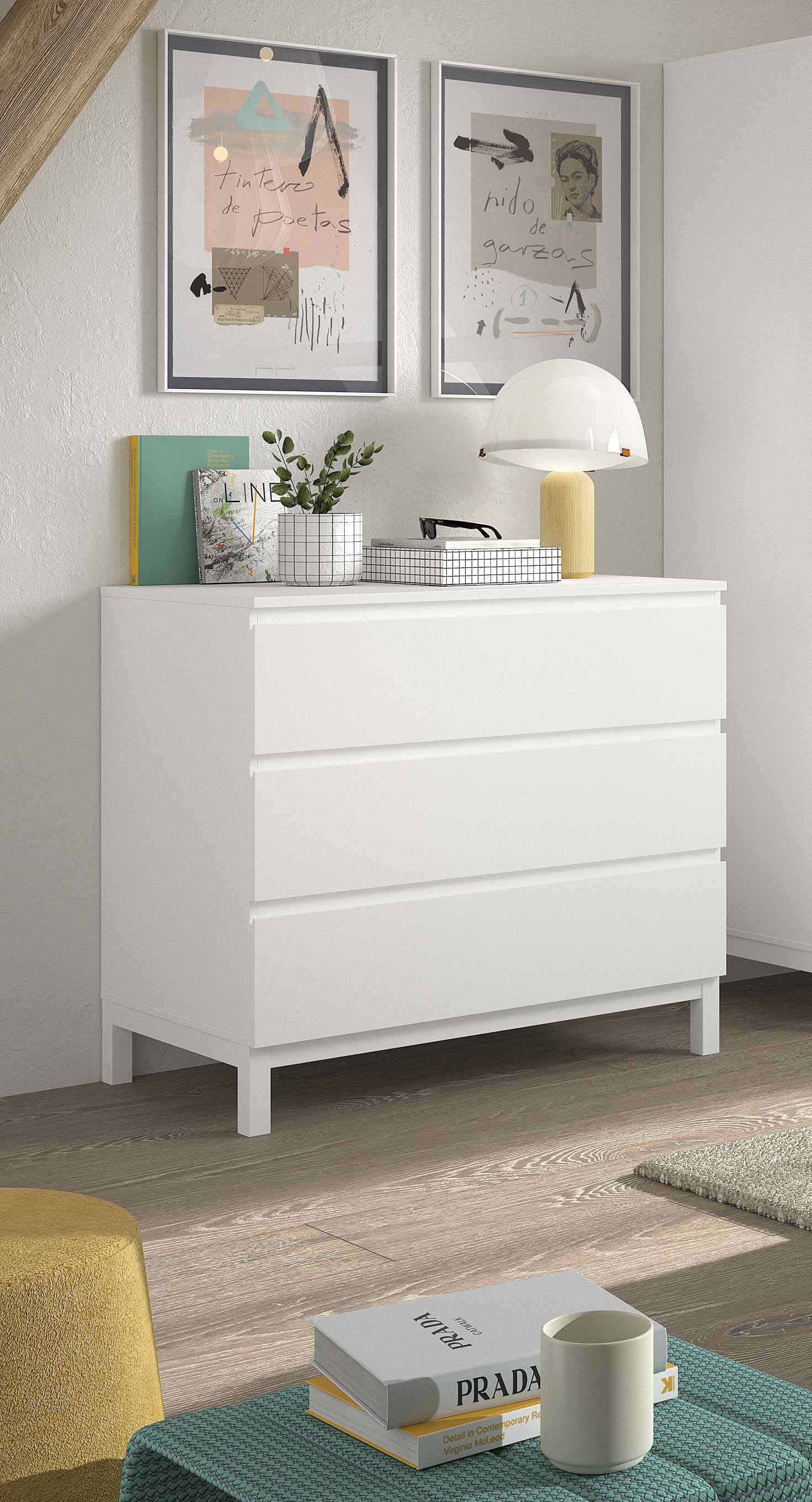 Vipack Schubkastenkommode in gradlinigem Design, glatten Fronten und pflegeleichter Oberfläche, inkl. 3 geräumigen Schubladen, Oberfläche weiß lackiert