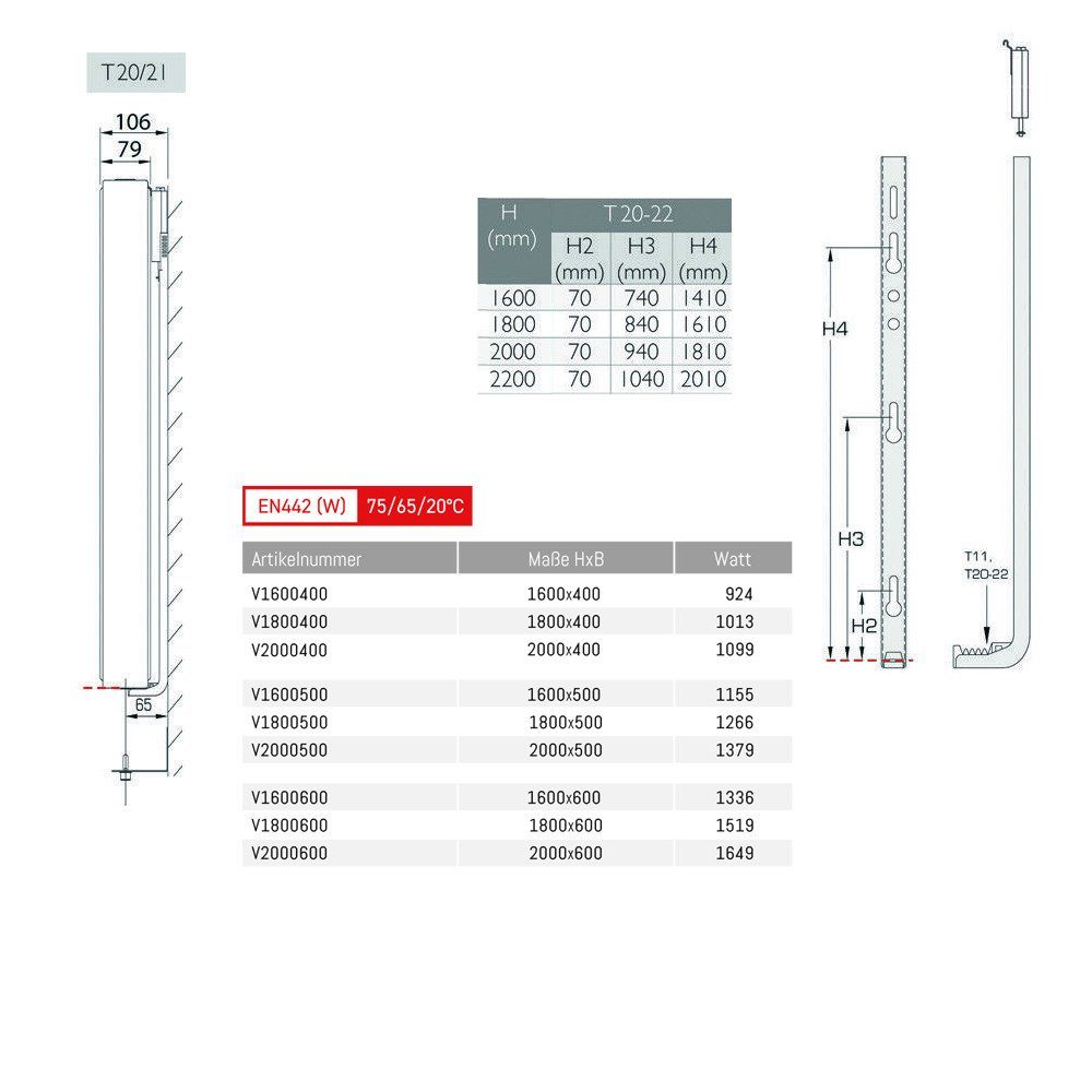 Belrad Heizkörper V2000500, Belrad Vertikal Heizkörper Plan T20 2000x500 (HxB) 1374W