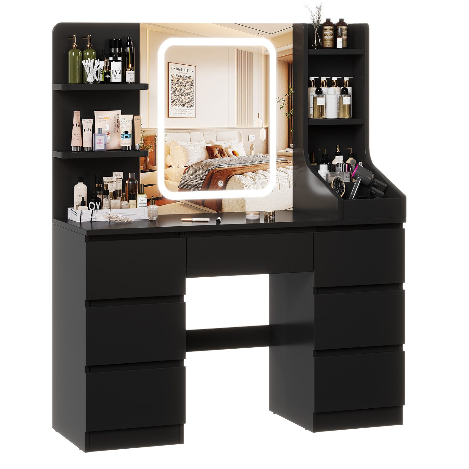HOMALL Schminktisch Eingebaute LED-Beleuchtung, einstellbare Helligkeit, mit 7 Schubladen (GroBe 110*40*139cm Bestes Geschenk fur Ehefrau/Tochter)