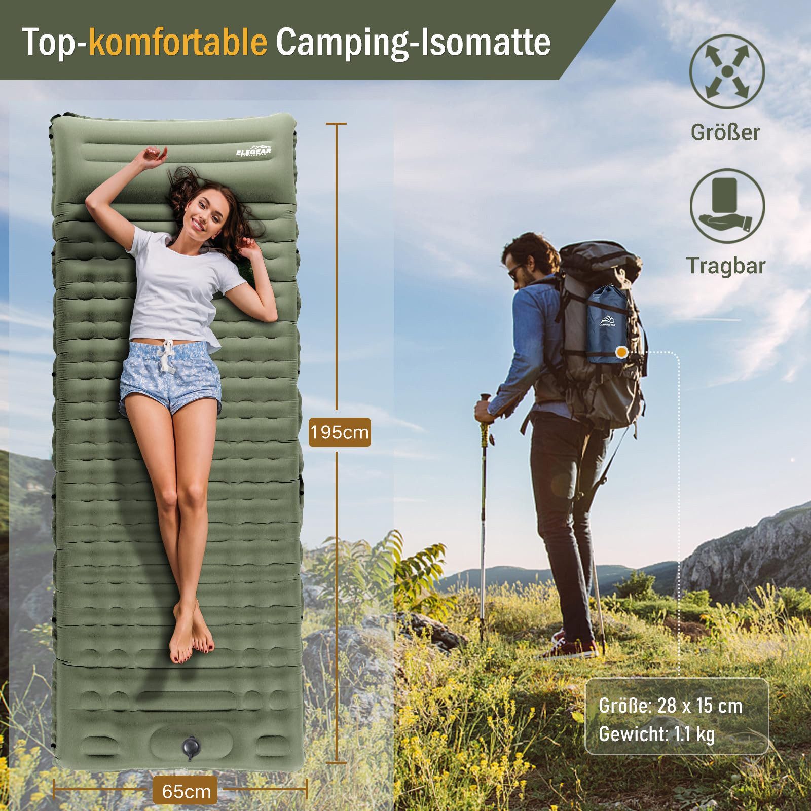 Elegear Isomatte 12cm dicke Campingmatte, 195×65/138CM isomatte selbstaufblasend, (1-tlg), mit Fußpumpe, leicht zu tragen, camping zubehör, für Wandern, Zelt