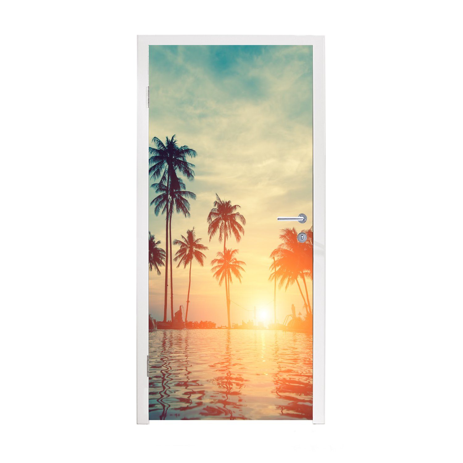MuchoWow Türtapete Meer - Sonnenuntergang - Palme - Wolken, Matt, bedruckt, (1 St), Fototapete für Tür, Türaufkleber, 75x205 cm | Türtapeten