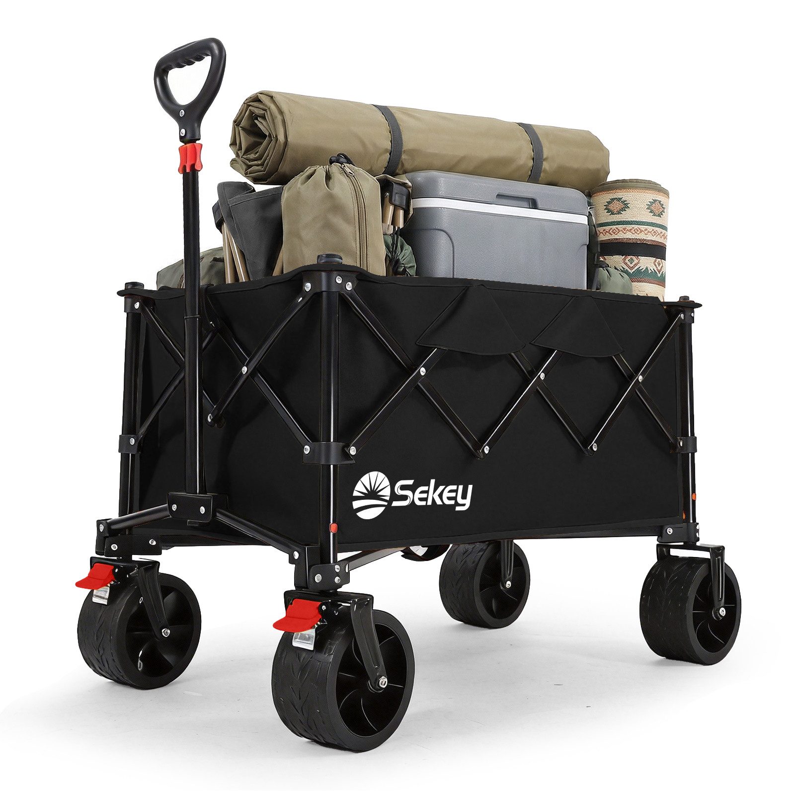 Sekey Bollerwagen 150KG Bollerwagen Faltbar Handwagen mit breiten Reifen Campingwagen, Leichter Faltbollerwagen mit Bremse, Patentiert 4-Wege-Sofortaufbau