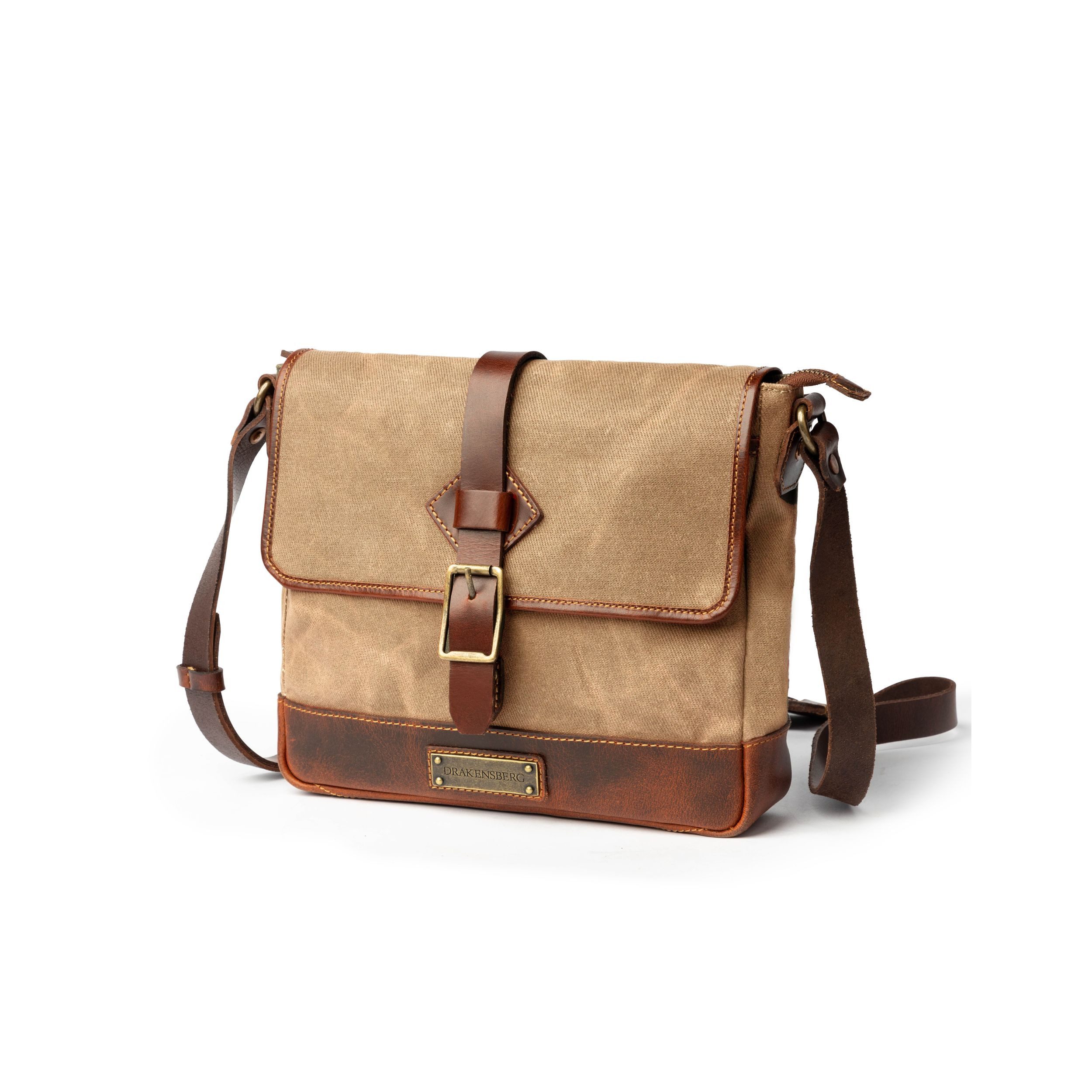 DRAKENSBERG Umhängetasche Messenger Bag »Nate« Khaki-Sand, Herren Cross-Body Messenger Tasche aus gewachstem Canvas mit Leder