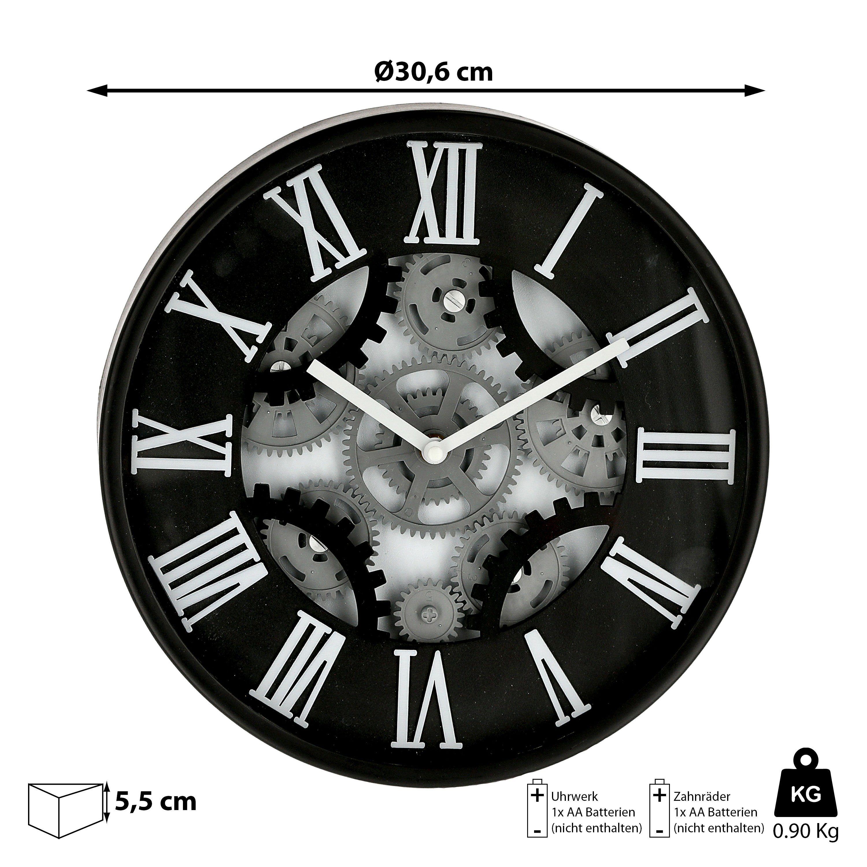 CEPEWA Wanduhr Wanduhr Zahnrad schwarz Ø30x5,5cm Batterie