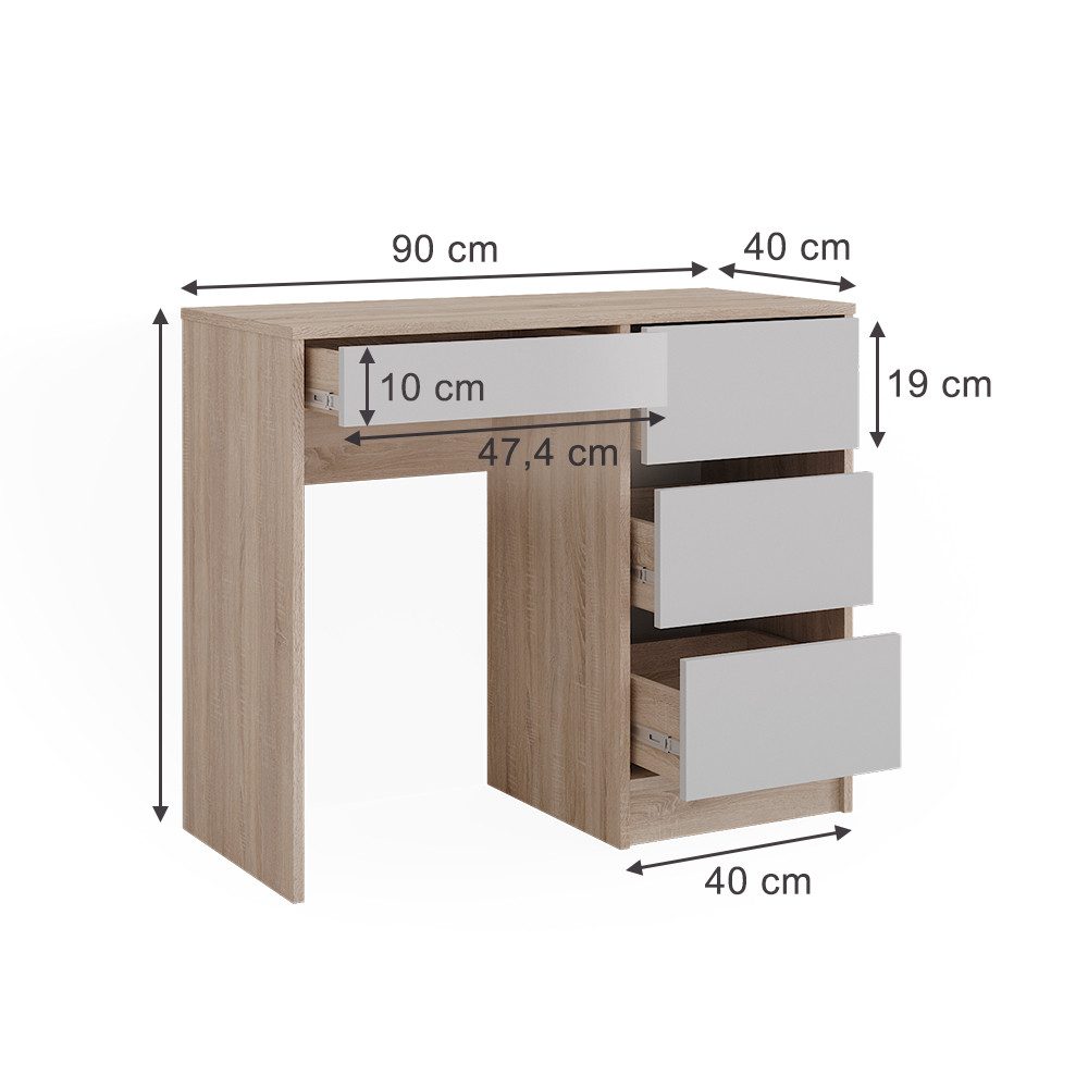 Vicco Schreibtisch Sherry, Weiß/Sonoma, 90 x 40 cm mit Schubladen (1-St)