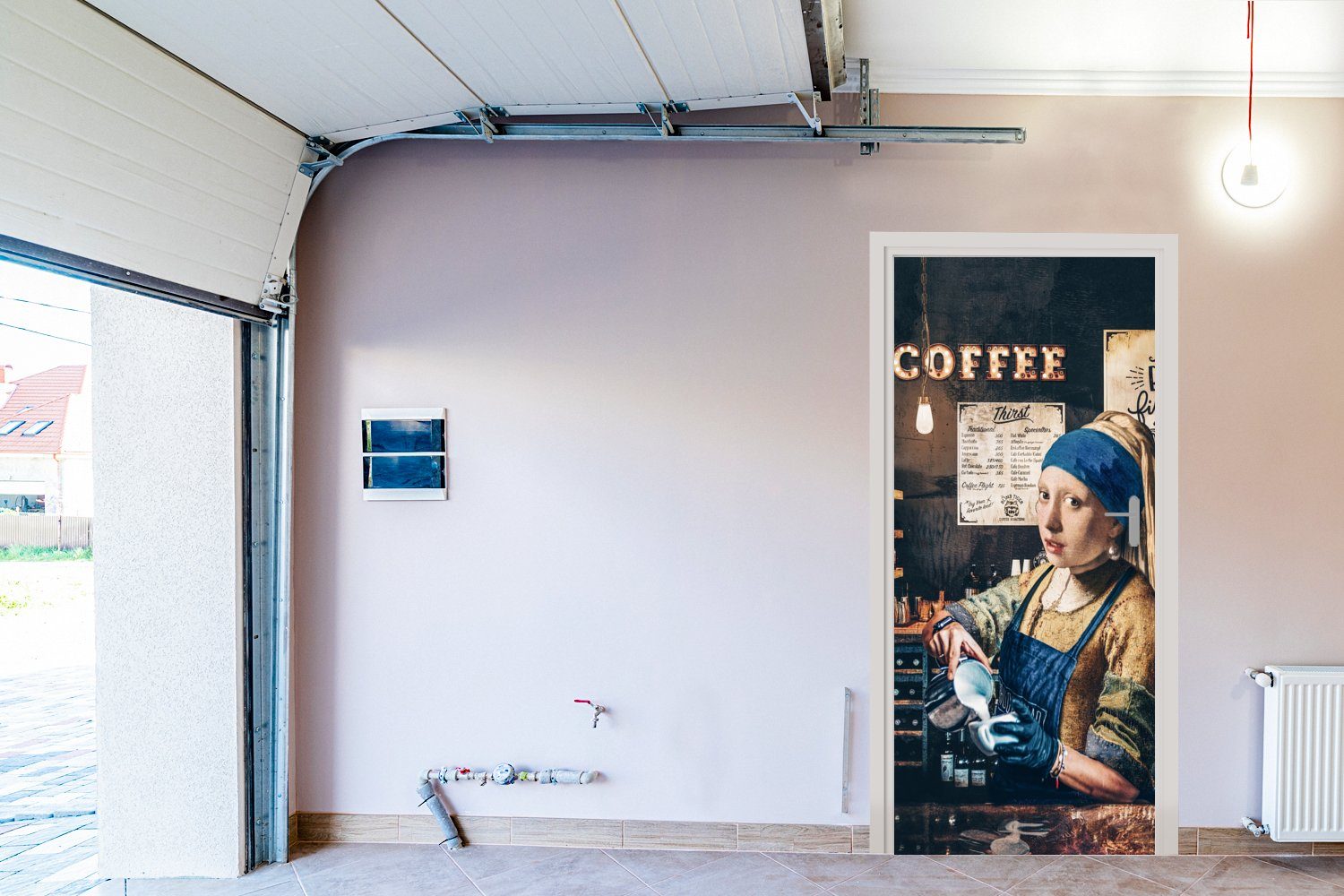 St), - Barista Fototapete 75x205 Kaffee - - Vermeer Türtapete Cappuccino Mädchen Matt, mit (1 Türaufkleber, -, bedruckt, - für Tür, MuchoWow cm Perlenohrring